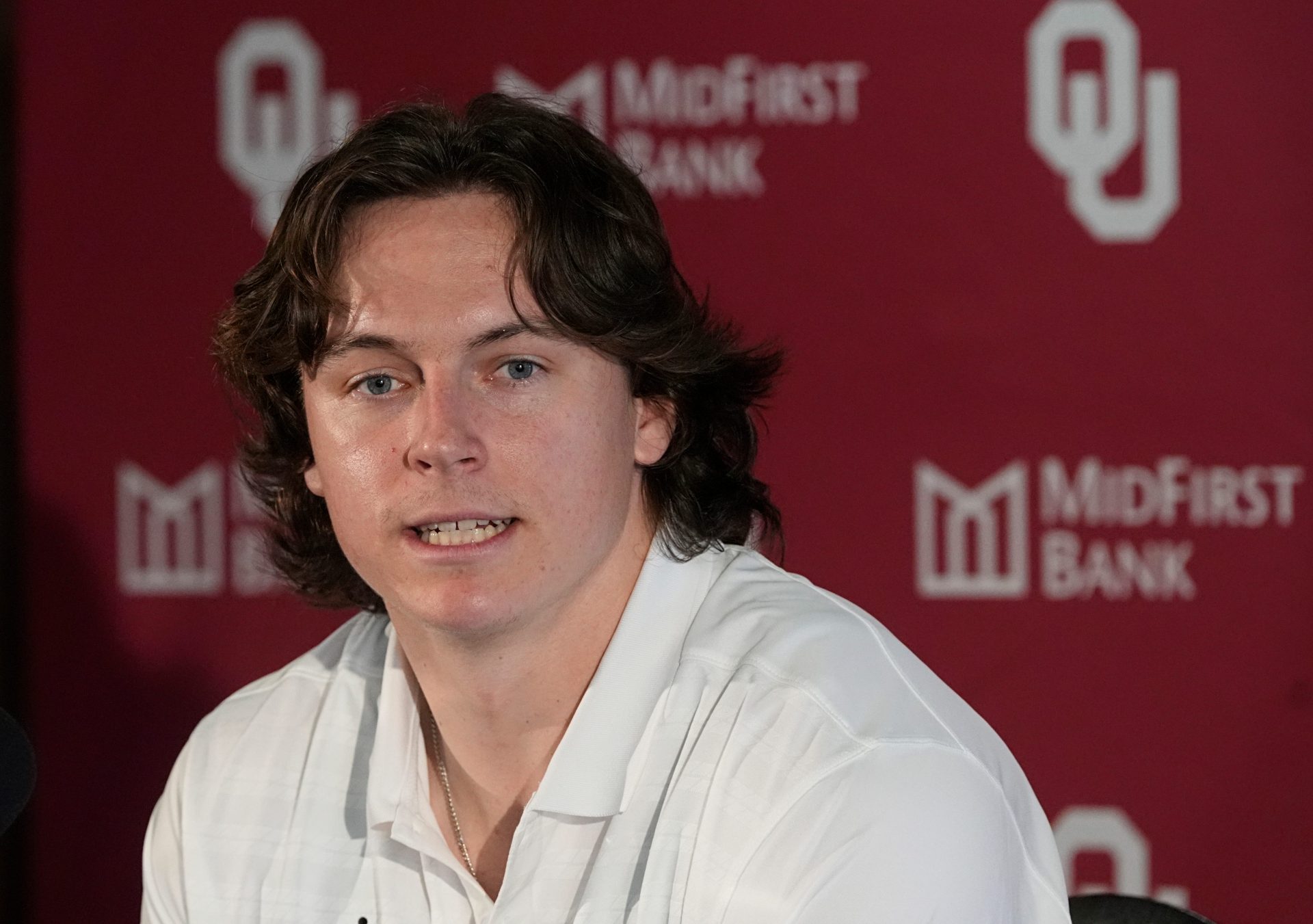 Oklahoma quaterback 
John Mateer speaks to the media during the University of Oklahoma Sooners football spring press conference in Norman, Okla., Wednesday, March, 5, 2025.