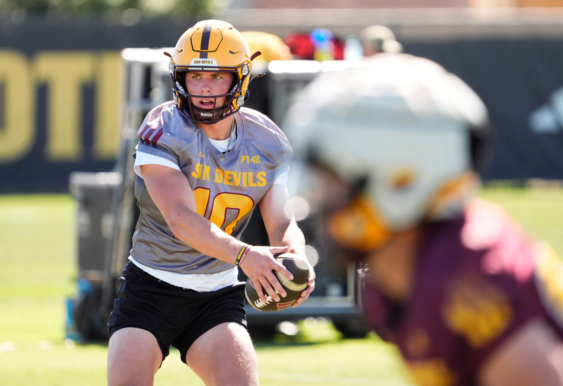 Arizona State quarterback Sam Leavitt (10) during spring football practice at Kajikawa practice fields in Tempe on Tuesday, March 25, 2025.