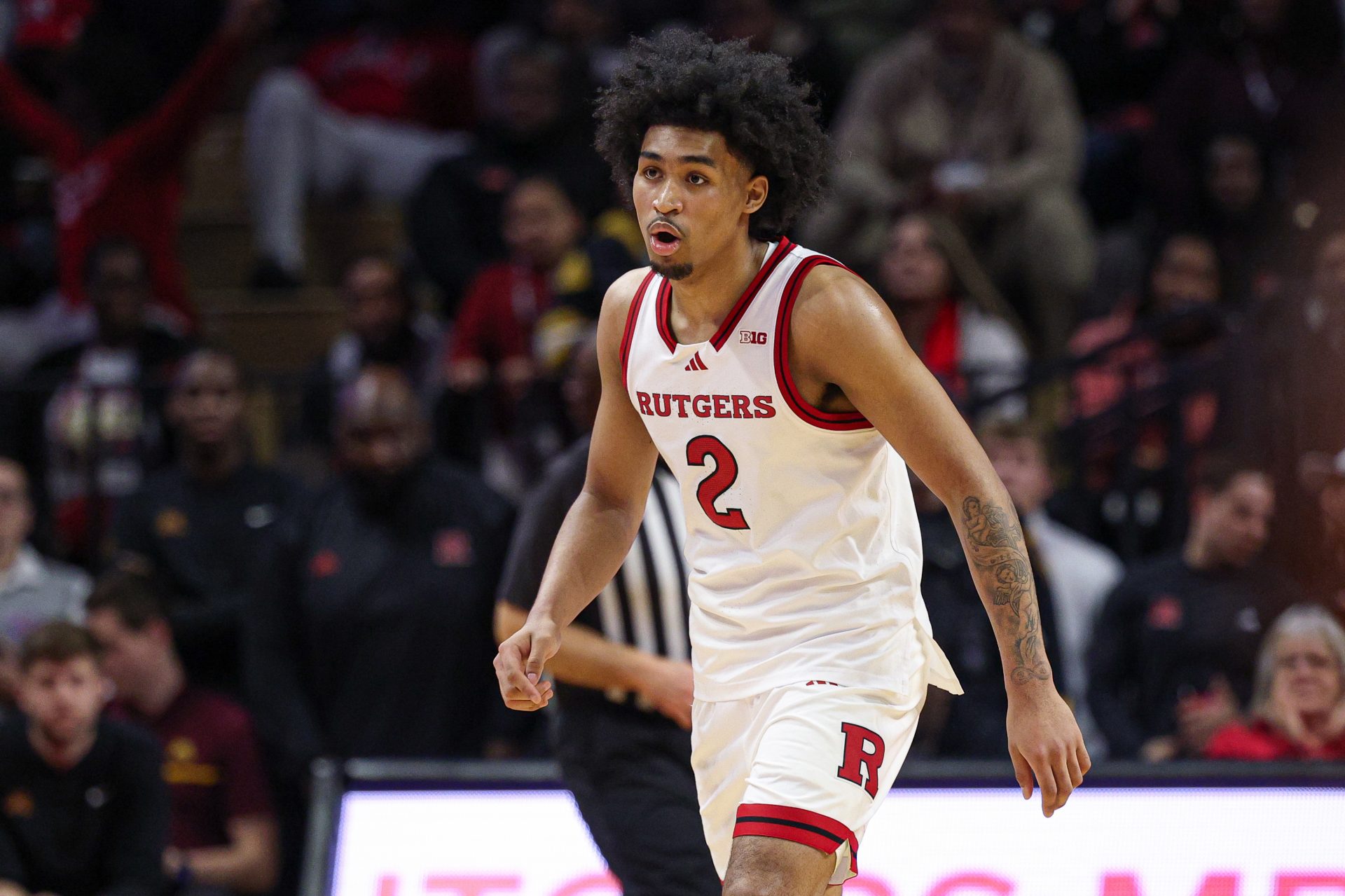 Rutgers Scarlet Knights guard Dylan Harper (2) in action during overtime against the Minnesota Golden Gophers at Jersey Mike's Arena.