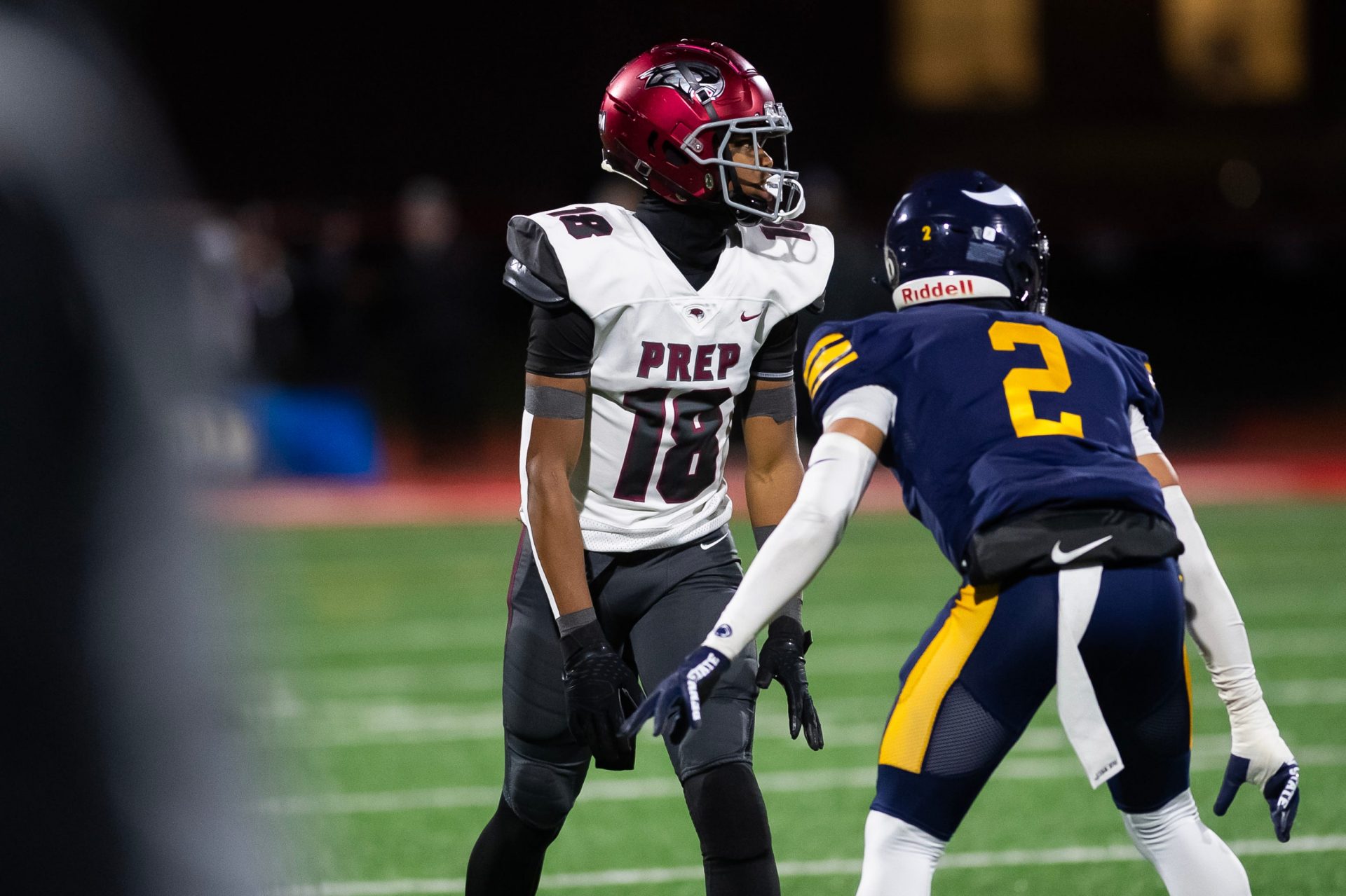 Central Catholic cornerback Xxavier Thomas (2) lines up across from St. Joseph's Prep wide receiver Jett Harrison in the first half of the PIAA Class 6A football championship game at Cumberland Valley High School, Saturday, Dec. 7, 2024, in Silver Spring Township, Pa.