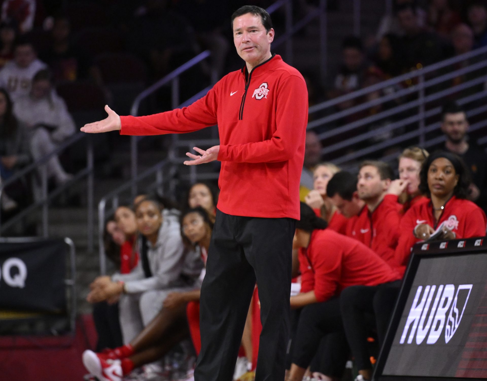 Ohio State Buckeyes head coach Kevin McGuff gestures to referees during the third quarter at Galen Center.