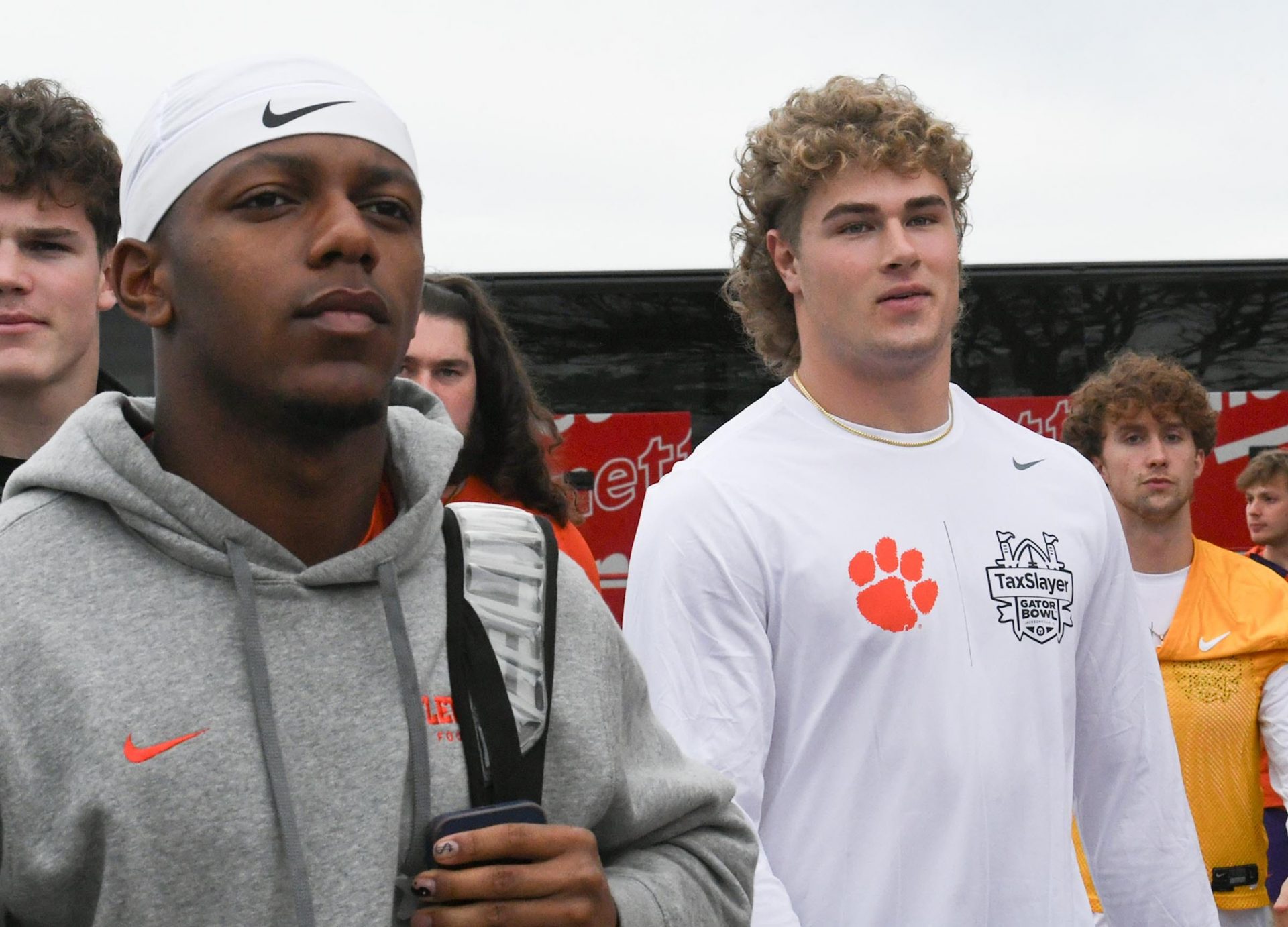 Clemson receiver Tyler Brown (6) and early enrollee Sammy Brown arrive with the team before football team practice before the TaxSlayer Gator Bowl at Fernandina Beach High School in Jacksonville, Florida, Wednesday, December 27, 2023.