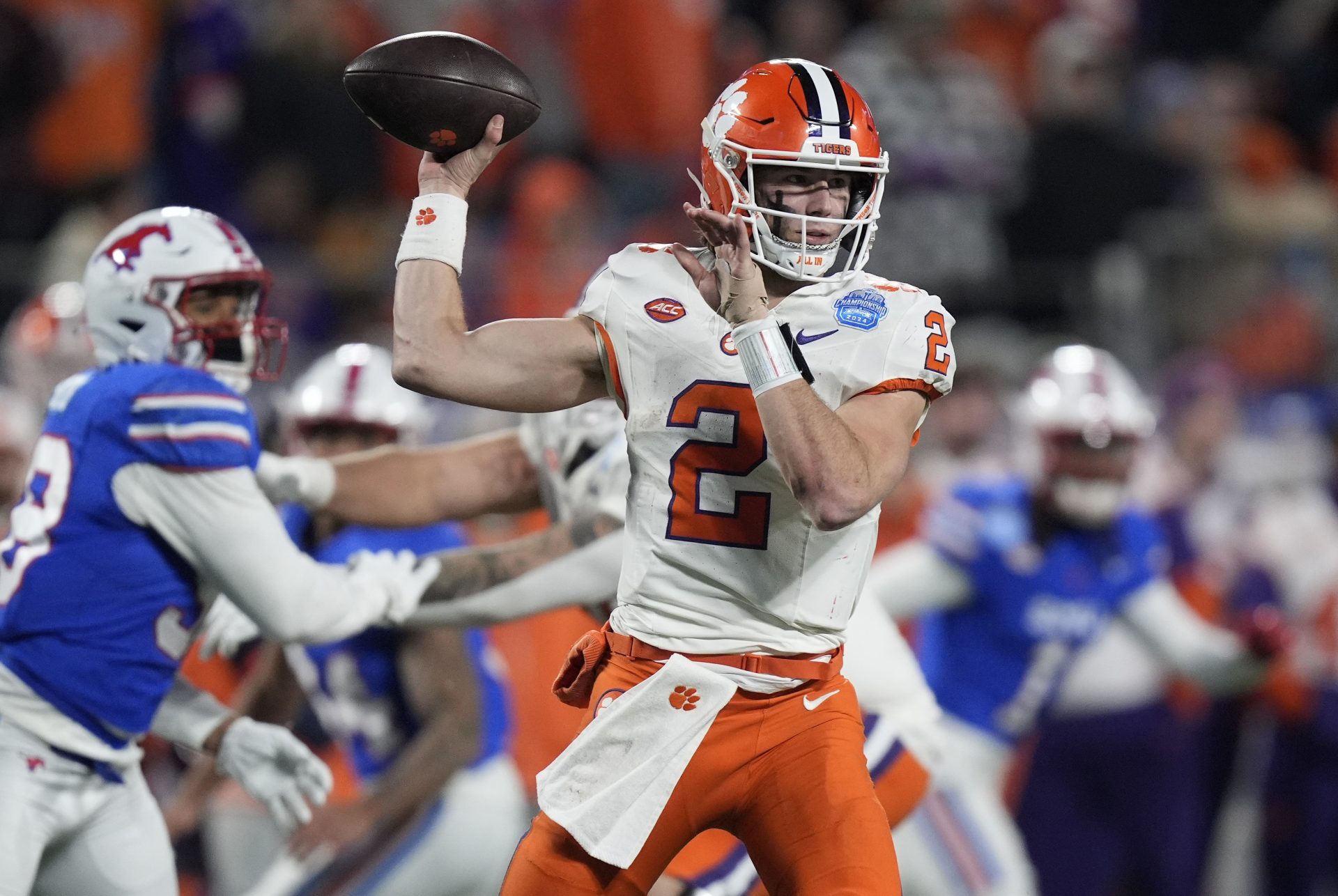 Clemson Tigers quarterback Cade Klubnik (2) throws during the third quarter against the Southern Methodist Mustangs in the 2024 ACC Championship game at Bank of America Stadium.