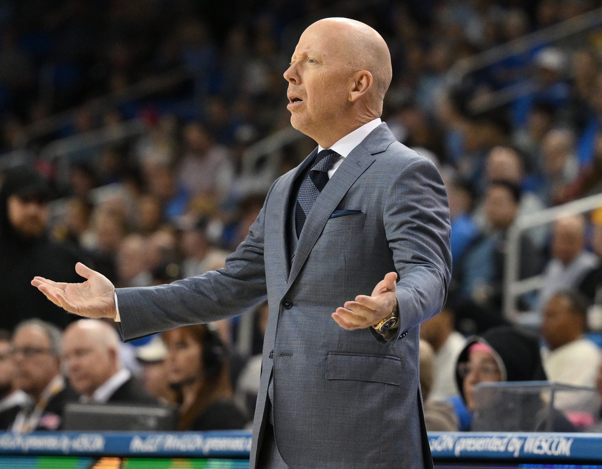 UCLA Bruins head coach Mick Cronin questions a referee’s call during the first quarter against the Ohio State Buckeyes at Pauley Pavilion presented by Wescom.