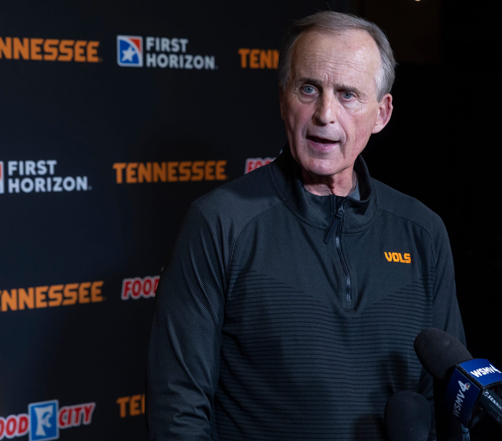 University of Tennessee Volunteers men's basketball head coach Rick Barnes speaks with members of the media during the Nashville stop for University of Tennessee's 2025 Big Orange Caravan event Wednesday, April 30, 2025 at GEODIS Park.