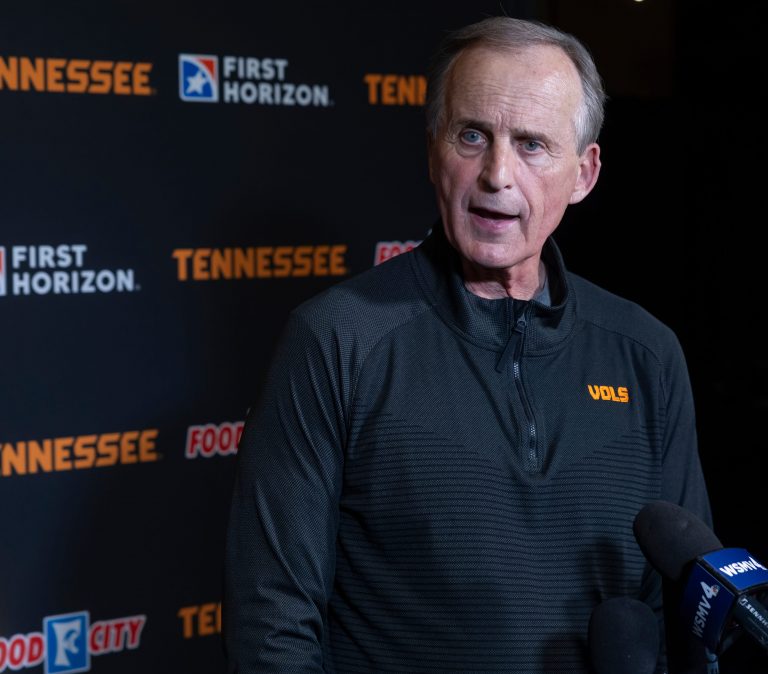 University of Tennessee Volunteers men's basketball head coach Rick Barnes speaks with members of the media during the Nashville stop for University of Tennessee's 2025 Big Orange Caravan event Wednesday, April 30, 2025 at GEODIS Park.