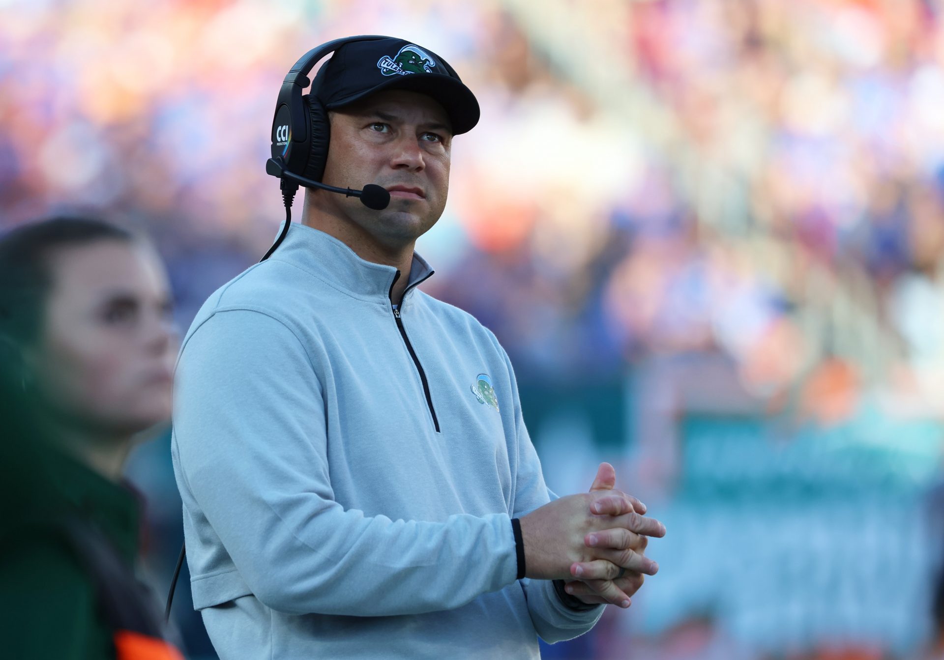 Tulane Green Wave head coach Jon Sumrall looks on against the Florida Gators during the first quarter at Raymond James Stadium.