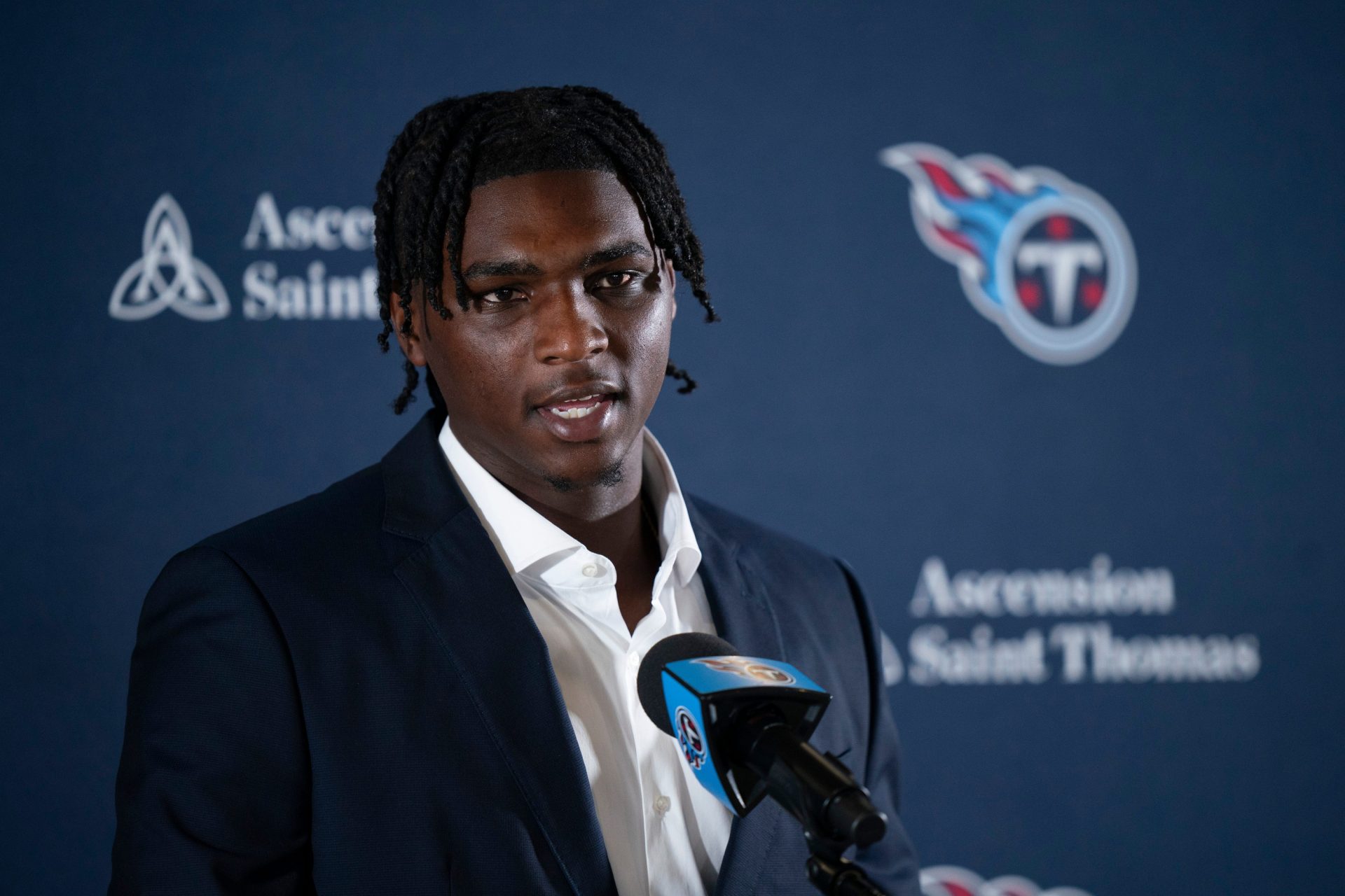 Cam Ward fields questions after being introduced as the Tennessee Titans first-round pick – and overall number one pick – in the NFL Draft at Ascension Saint Thomas Sports Park in Nashville, Tenn., Friday, April 25, 2025.