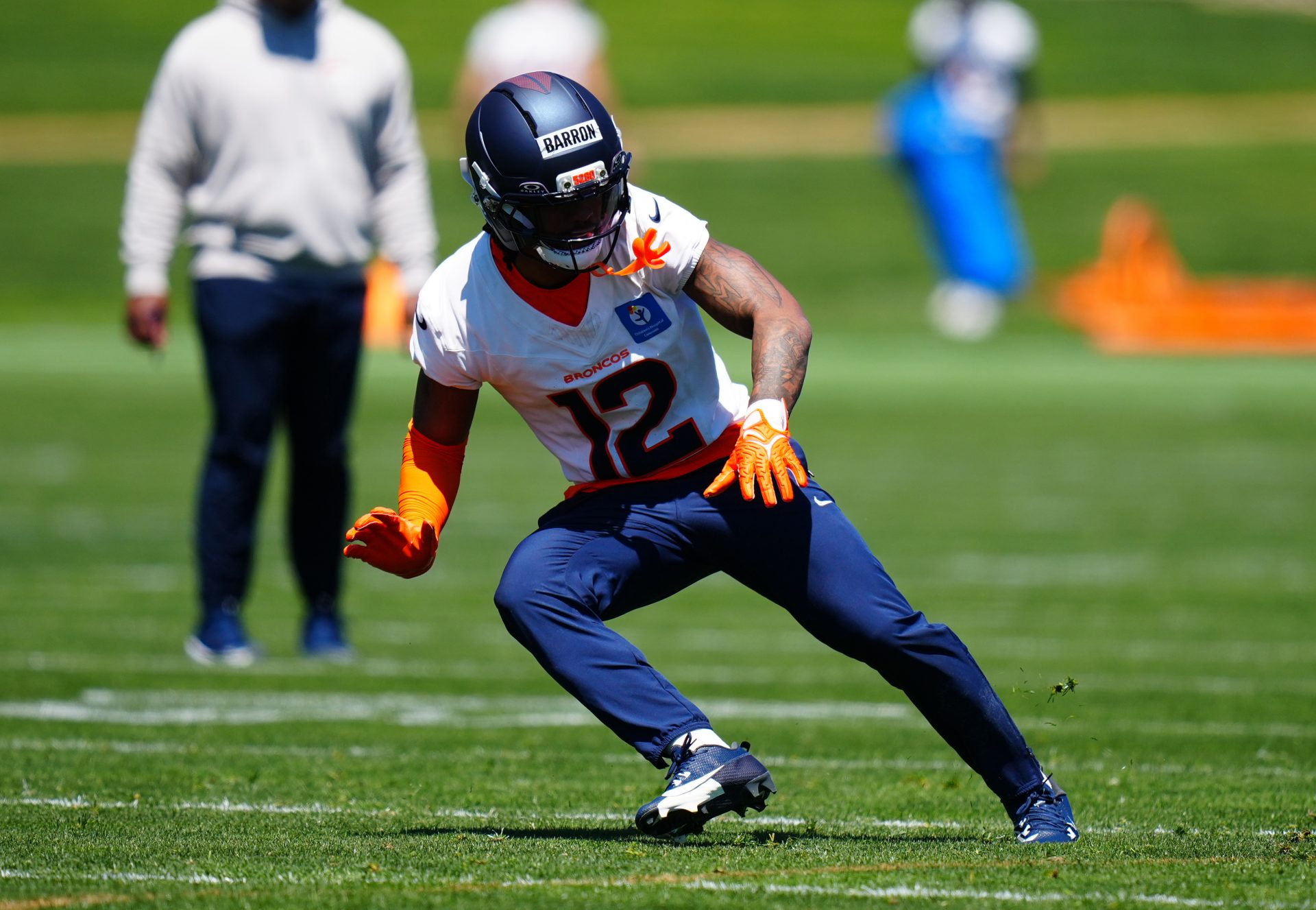 Denver Broncos cornerback Jahdae Barron (12) during rookie minicamp at Broncos Park Powered by CommonSpirit.