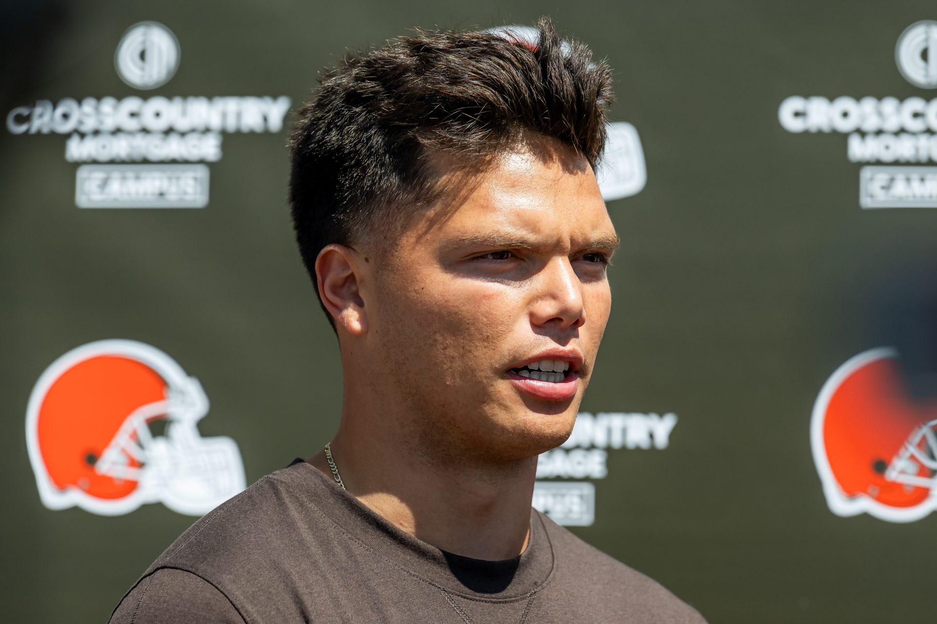 Cleveland Browns quarterback Dillon Gabriel (5) talks to the media during rookie minicamp at CrossCountry Mortgage Campus.