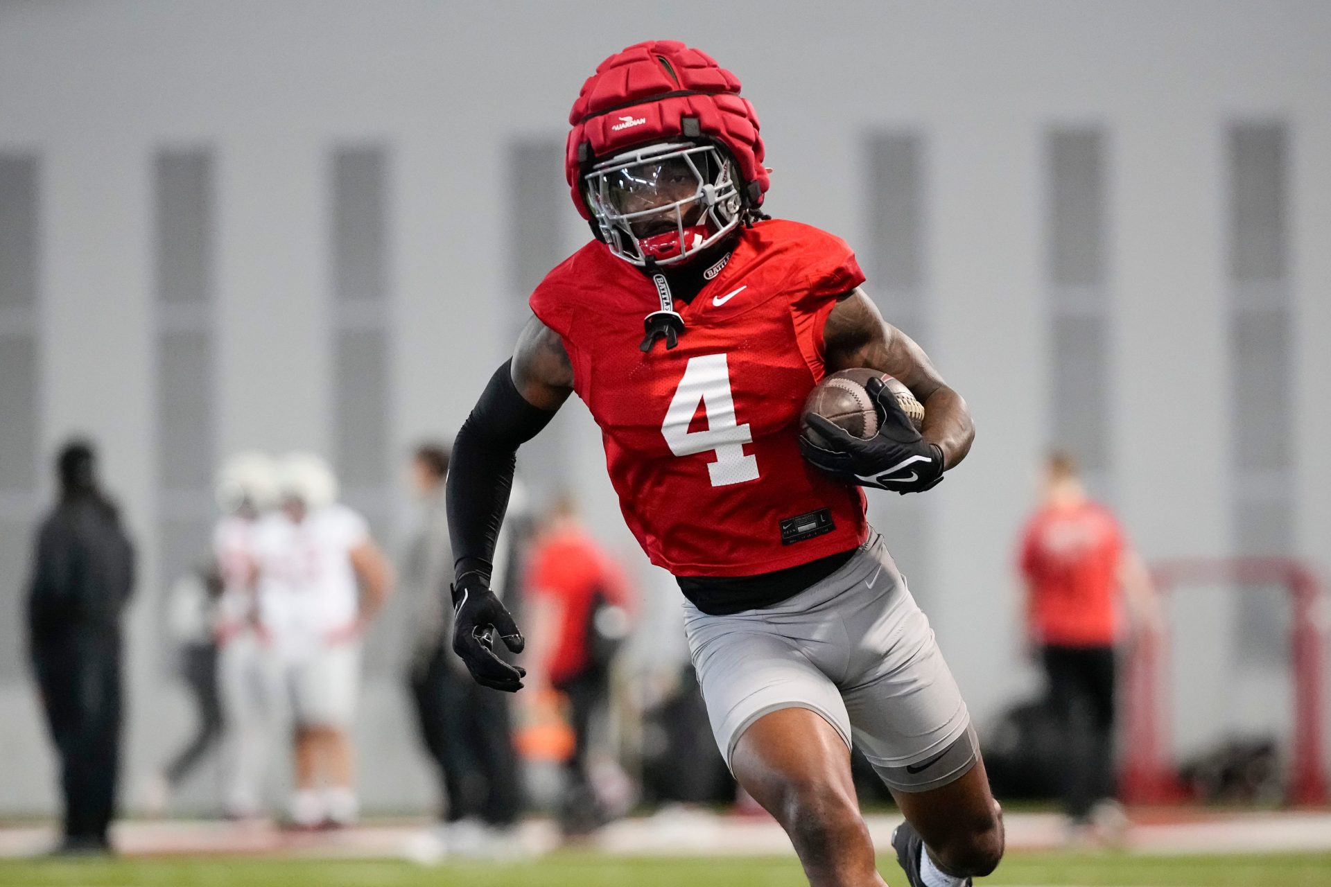 Ohio State Buckeyes wide receiver Jeremiah Smith (4) runs during spring football practice at the Woody Hayes Athletic Center on March 17, 2025.