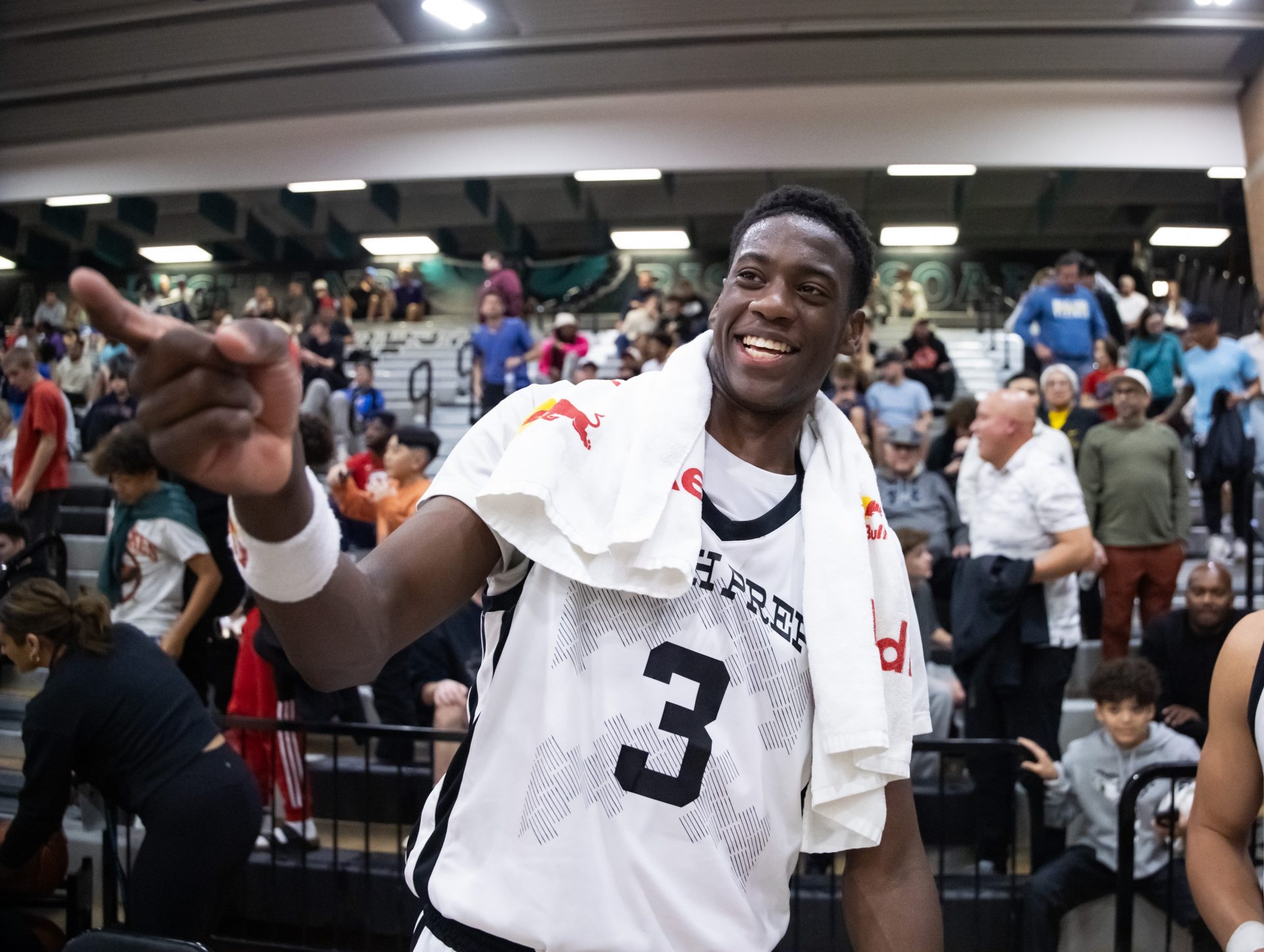 Utah Prep Academy forward AJ Dybantsa (3) celebrates after defeating Faith Family Academy (TX) during the Hoophall West High School Invitational at Highland High School.