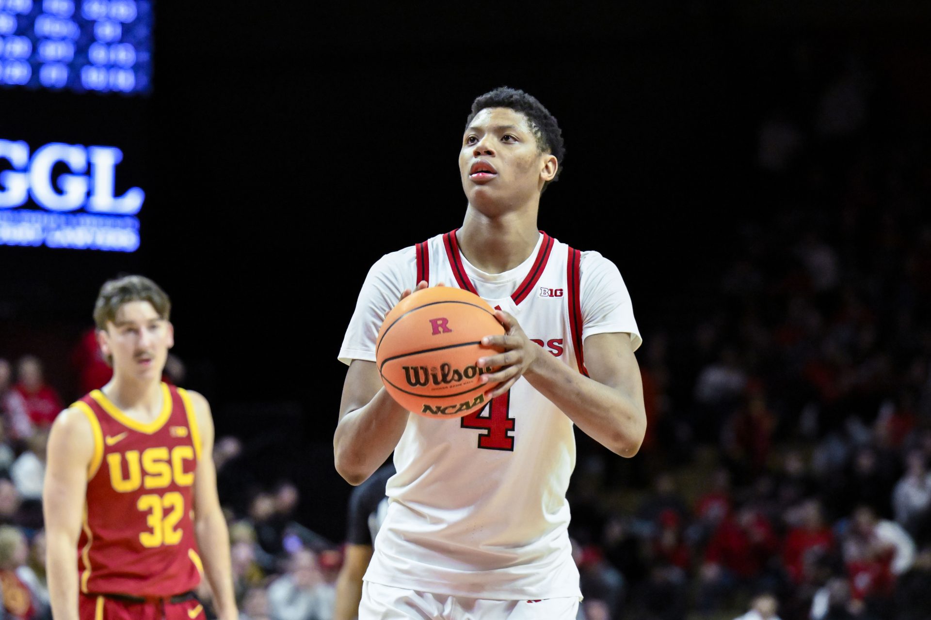 Rutgers Scarlet Knights guard Ace Bailey (4) during the second half against the USC Trojans at Jersey Mike's Arena.