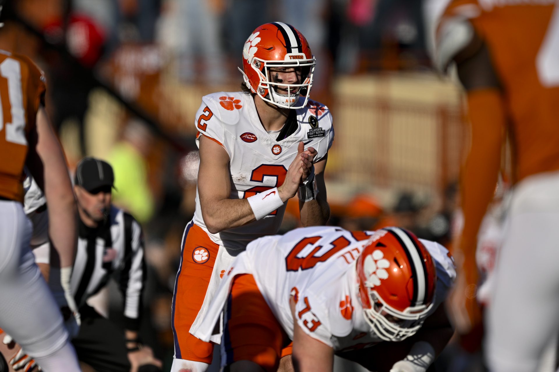 Clemson Tigers quarterback Cade Klubnik (2) in action during the game between the Texas Longhorns and the Clemson Tigers in the CFP National Playoff First Round at Darrell K Royal-Texas Memorial Stadium.