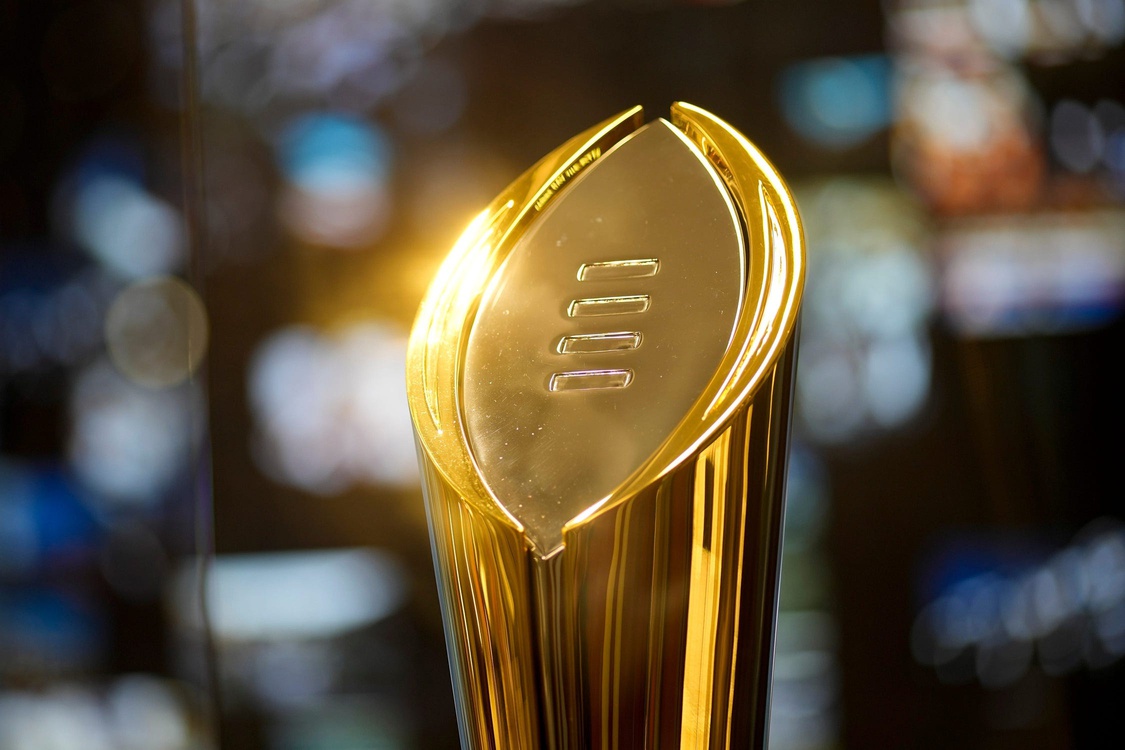 The College Football Playoff trophy inside the College Football Hall of Fame during media day for the Peach Bowl on Dec 29, 2022.