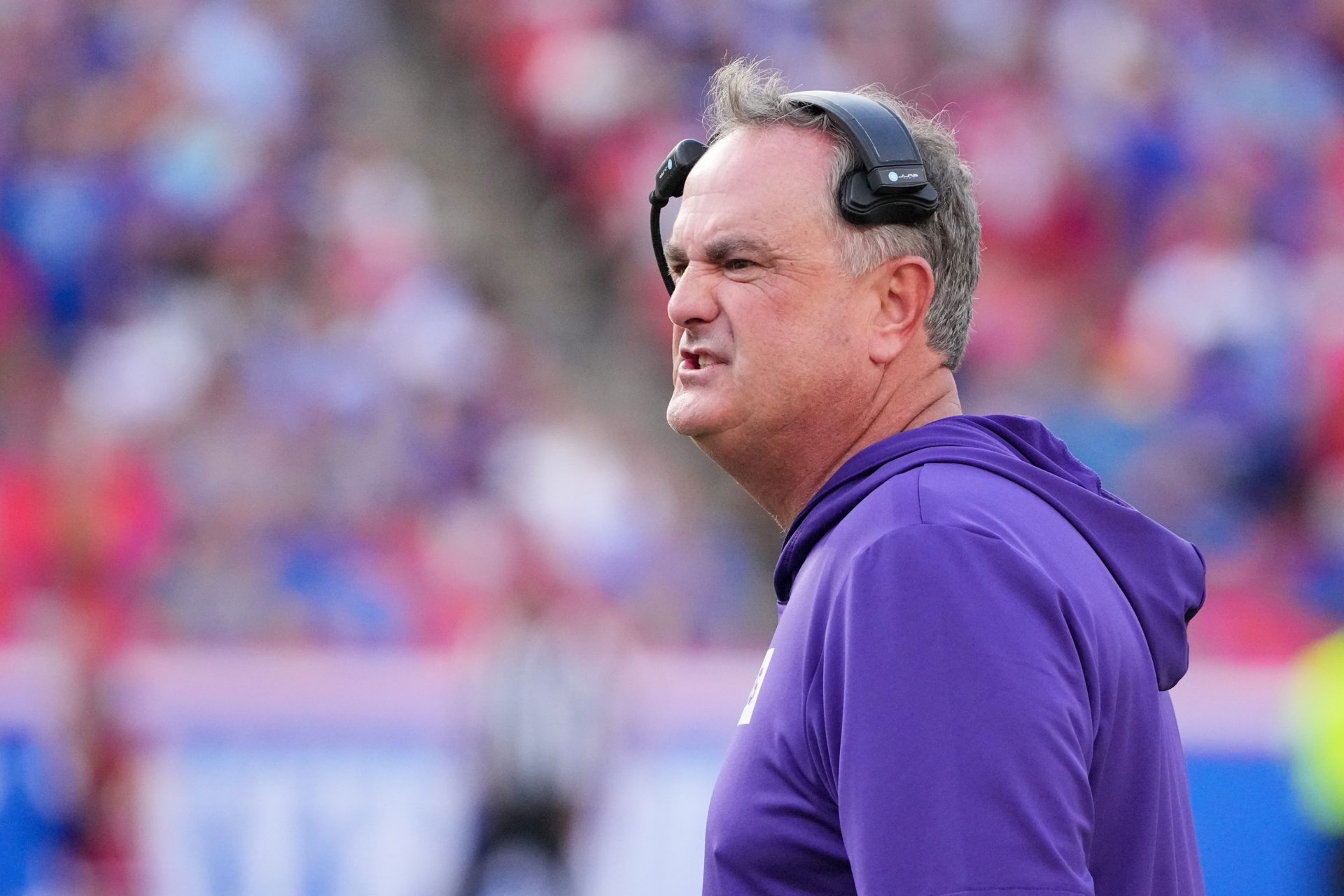 TCU Horned Frogs head coach Sonny Dykes reacts to play against the Kansas Jayhawks during the second half at GEHA Field at Arrowhead Stadium.