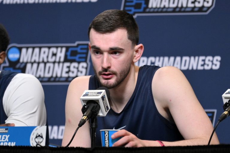 UConn basketball forward Alex Karaban (11) during the NCAA pre tournament press conference at Lenovo Center.