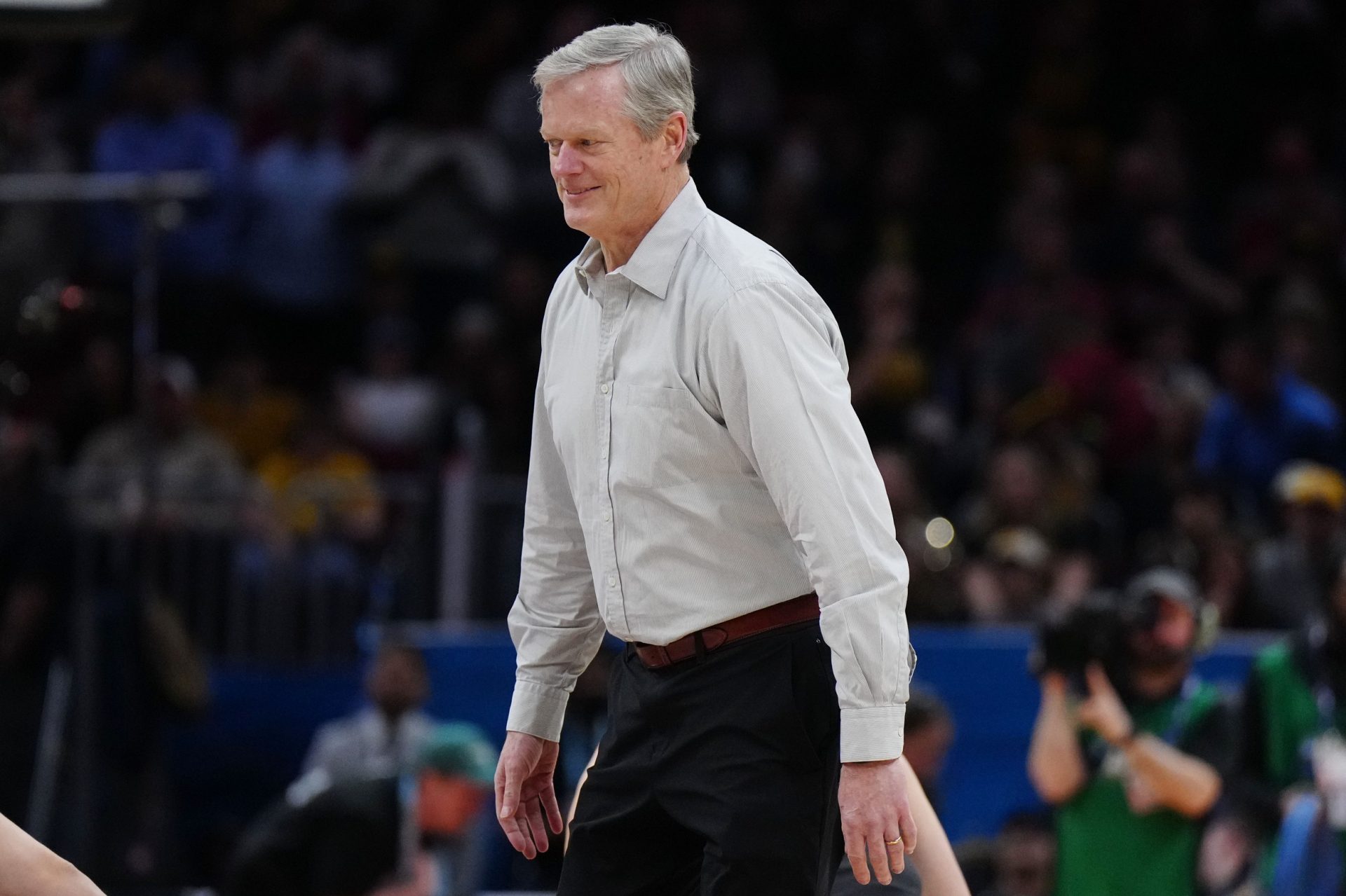 NCAA president Charlie Baker looks on during halftime between the South Carolina Gamecocks and the Iowa Hawkeyes in the finals of the Final Four of the womens 2024 NCAA Tournament at Rocket Mortgage FieldHouse.