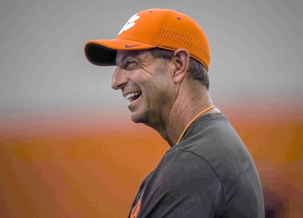 Clemson head coach Dabo Swinney smiles during his 2025 football camp in Clemson, S.C. Tuesday, June 3, 2025.