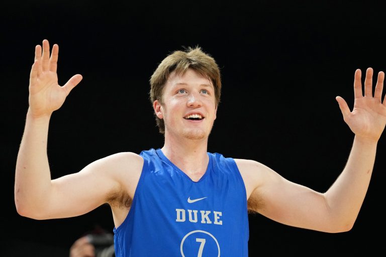 Duke Blue Devils guard Kon Knueppel (7) during a practice session for the Final Four of the 2025 NCAA tournament at Alamodome.