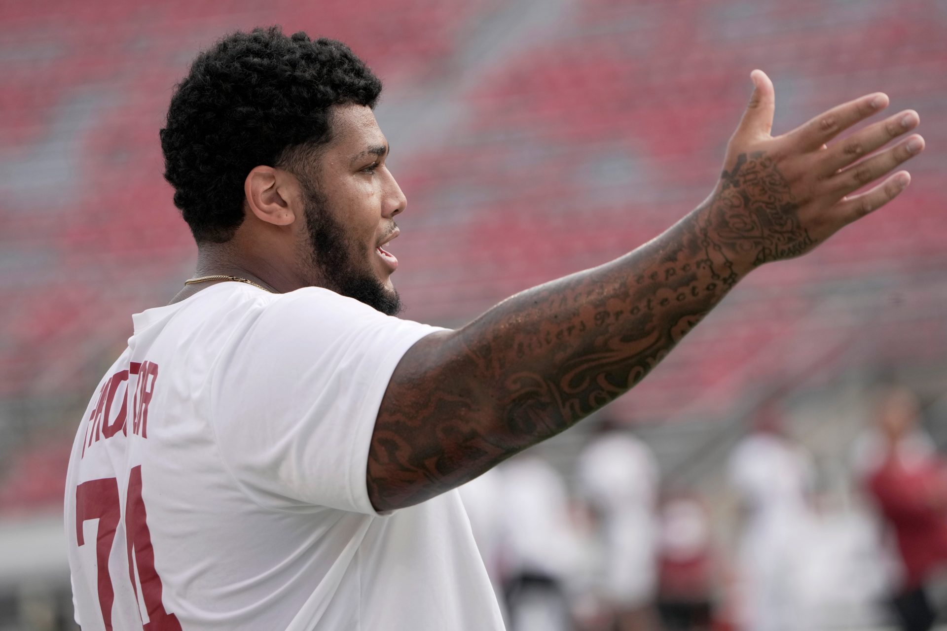 Alabama offensive lineman Kadyn Proctor (74) is shown before their game against Wisconsin Saturday, September 14, 2024 at Camp Randall Stadium in Madison, Wisconsin.