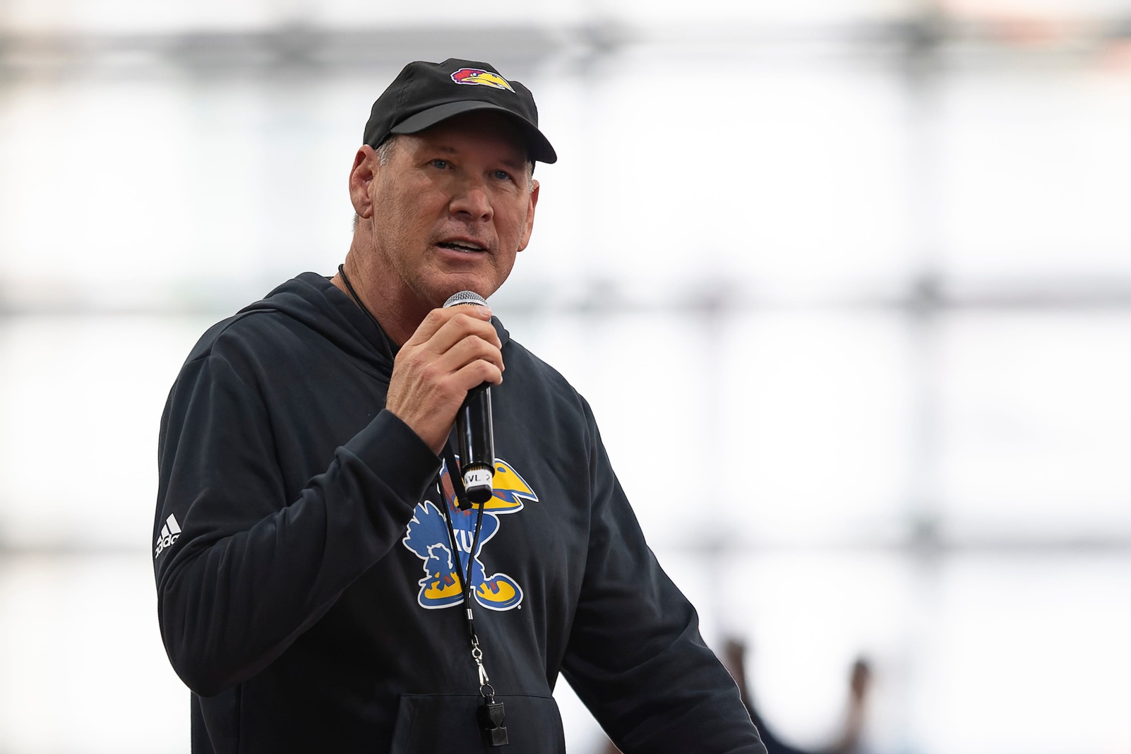 Kansas head coach Lance Leipold speaks to the fans during Kansas Football Fan Appreciation Day Saturday, April. 5, 2025 at the Kansas Football Indoor Practice Facility in Lawrence, Kan.