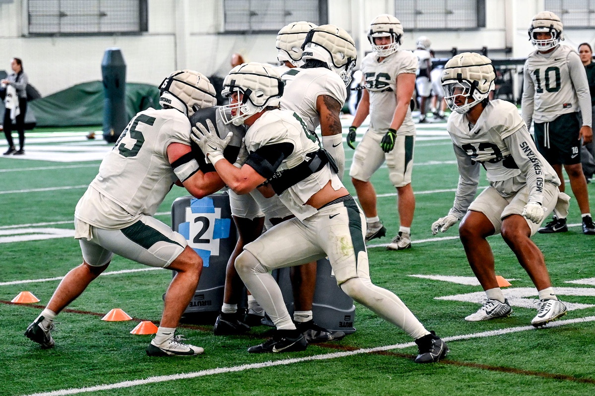 Michigan State's linebackers work out during football practice on Tuesday, April 8, 2025, in East Lansing.