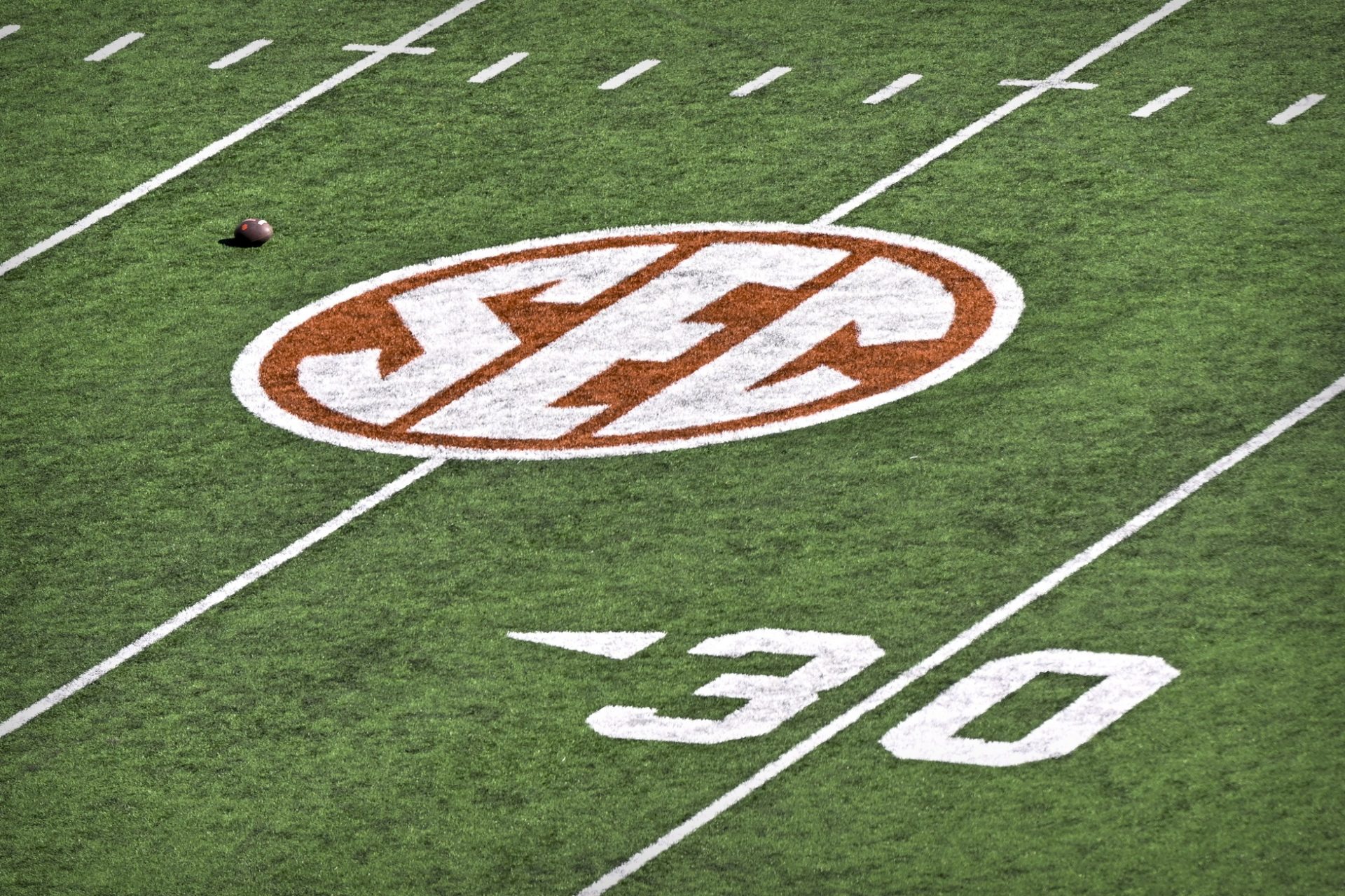 A general view of the field and the SEC logo before the game between the Texas Longhorns and the Clemson Tigers in the CFP National Playoff first round game at Darrell K Royal-Texas Memorial Stadium.