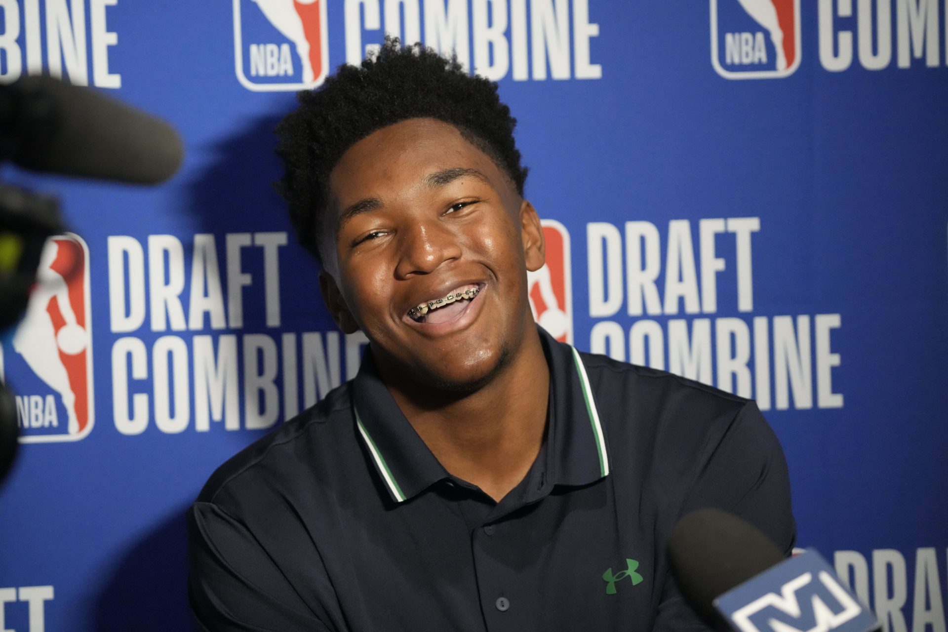 Derik Queen talks to the media during the 2025 NBA Draft Combine at Marriott Marquis Chicago.