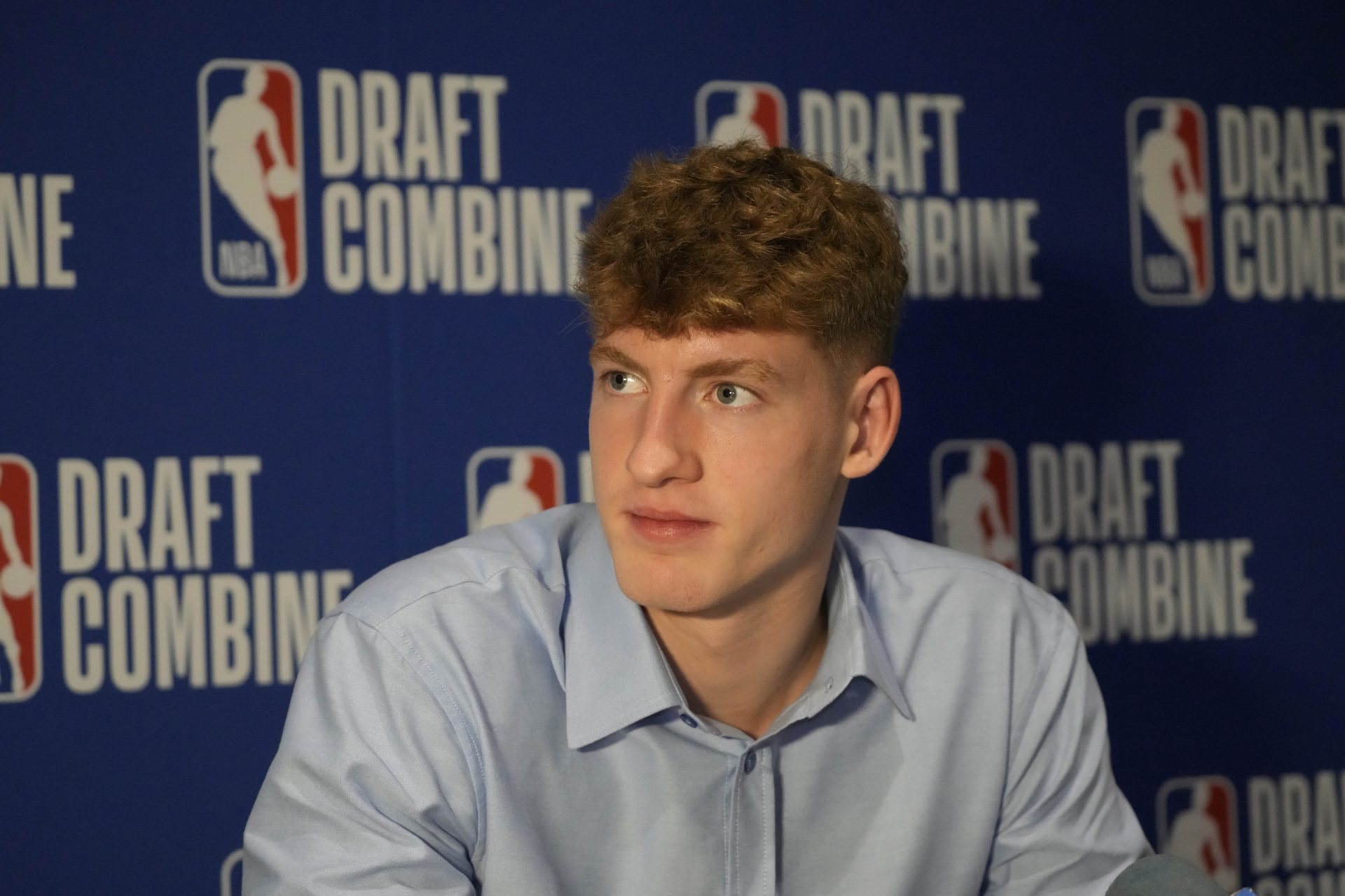 Kasparas Jakucionis talks to the media during the 2025 NBA Draft Combine at Marriott Marquis Chicago.
