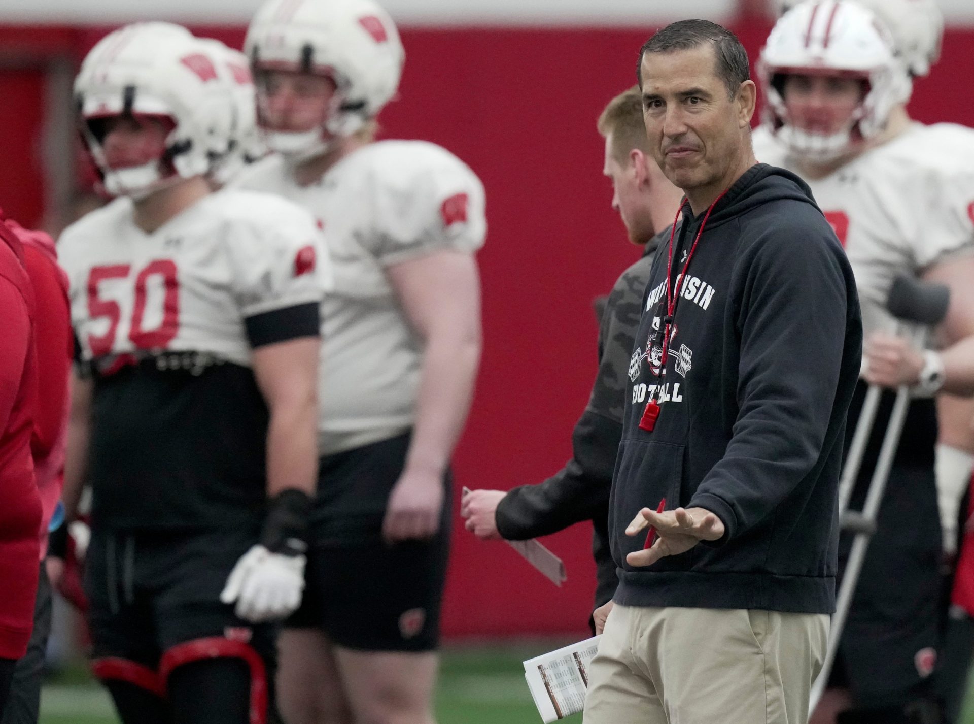 Wisconsin head football coach Luke Fickell is shown during spring football practice Thursday, April 3, 2025 in Madison, Wisconsin. Mark Hoffman/Milwaukee Journal Sentinel