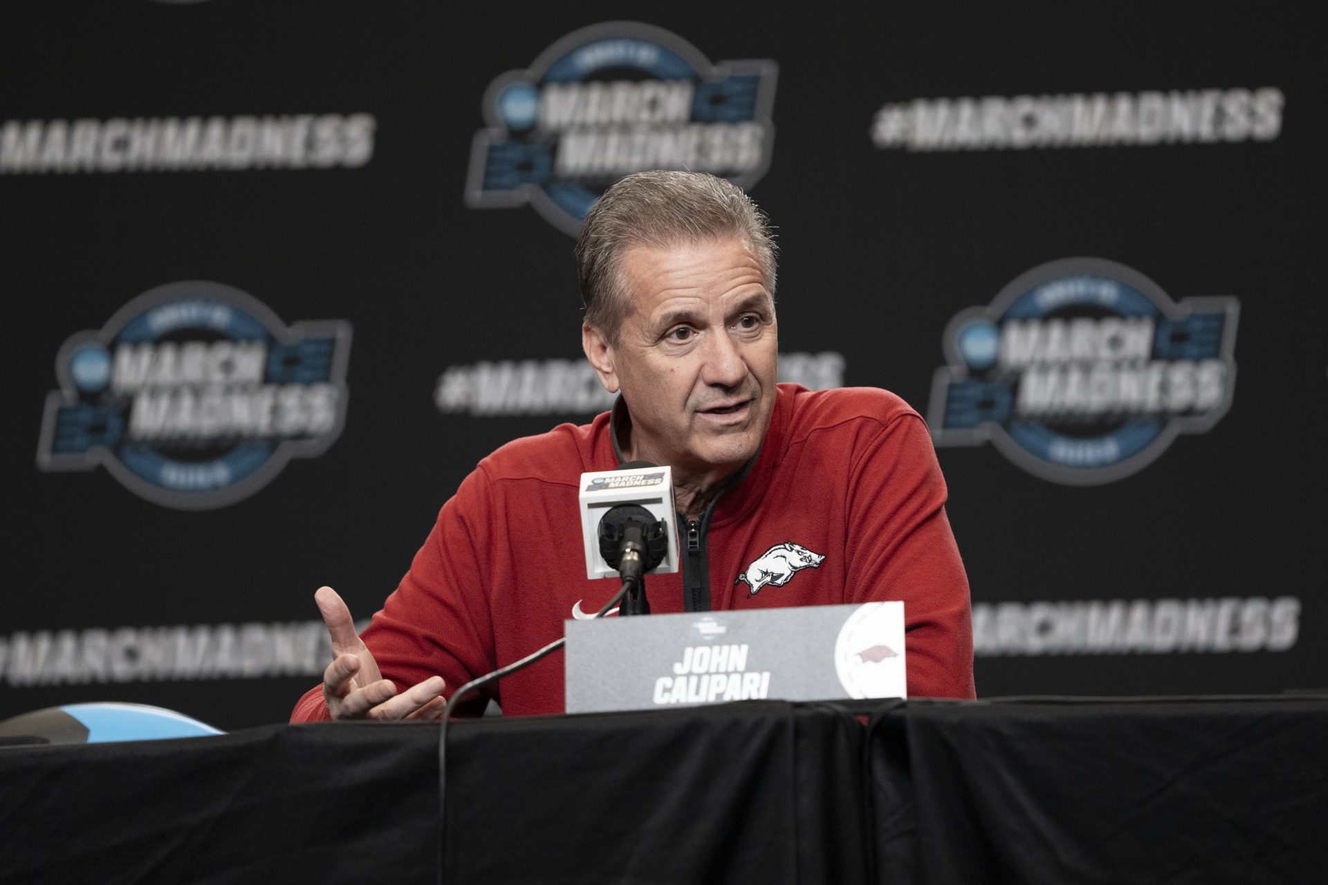 Arkansas Razorbacks head coach John Calipari addresses the media in a press conference during NCAA Tournament West Regional Practice at Chase Center.
