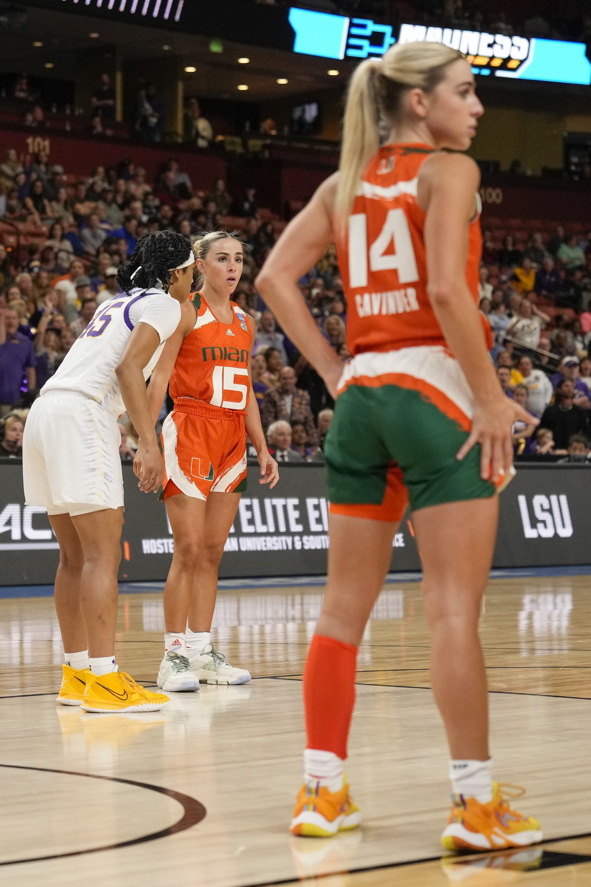 Miami Hurricanes guard Hanna Cavinder (15) and guard Haley Cavinder (14) against the LSU Lady Tigers during the second half of the NCAA Women’s Tournament at Bon Secours Wellness Arena.