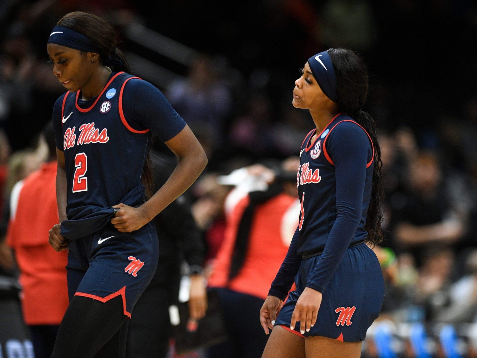 Ole Miss' Marquesha Davis (2) and Myah Taylor (1) walk off the court after the lost to Louisville in the Sweet 16 of the NCAA college basketball tournament at Climate Pledge Arena in Seattle, WA on Friday, March 24, 2023.

Ncaa Ole Miss Louisville