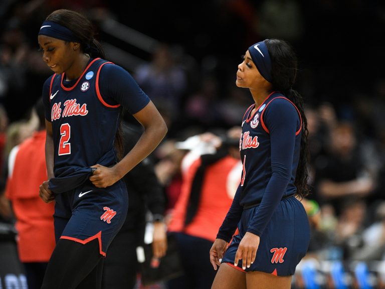 Ole Miss' Marquesha Davis (2) and Myah Taylor (1) walk off the court after the lost to Louisville in the Sweet 16 of the NCAA college basketball tournament at Climate Pledge Arena in Seattle, WA on Friday, March 24, 2023.

Ncaa Ole Miss Louisville