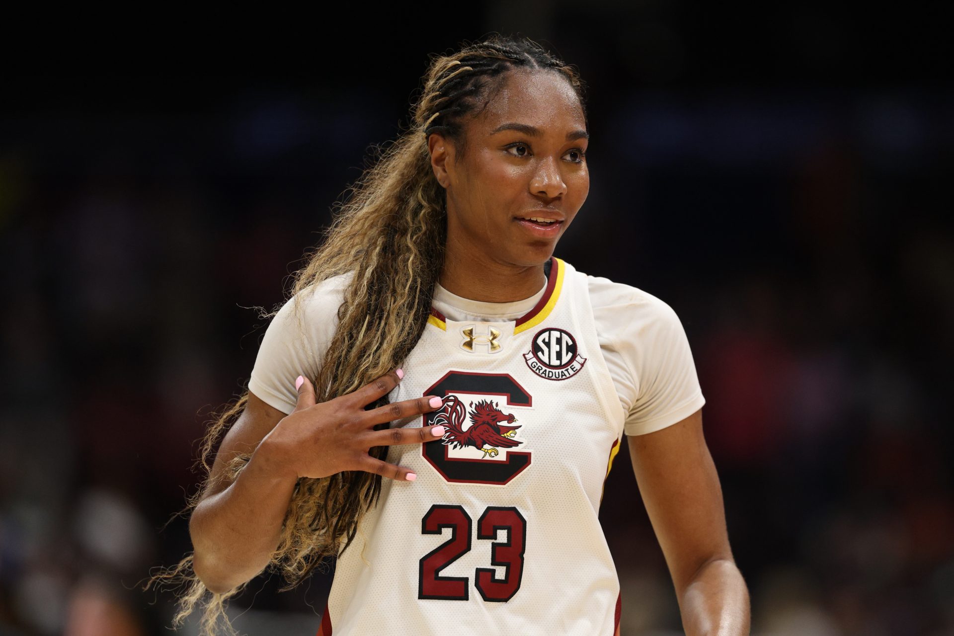 South Carolina Gamecocks guard Bree Hall (23) reacts after defeating the Texas Longhorns during the semifinal of the women's 2025 NCAA tournament at Amalie Arena.