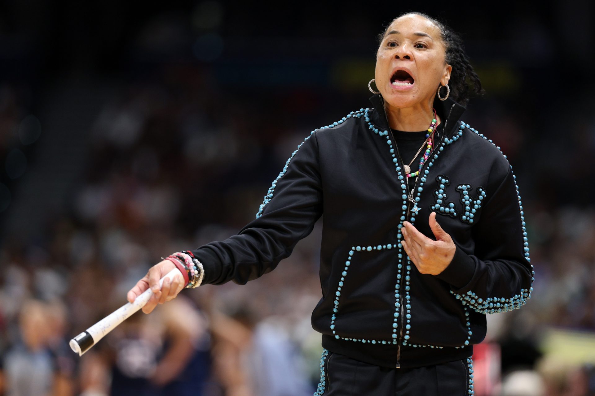 South Carolina Gamecocks head coach Dawn Staley reacts during the first half of the national championship of the women's 2025 NCAA tournament against the Connecticut Huskies at Amalie Arena.