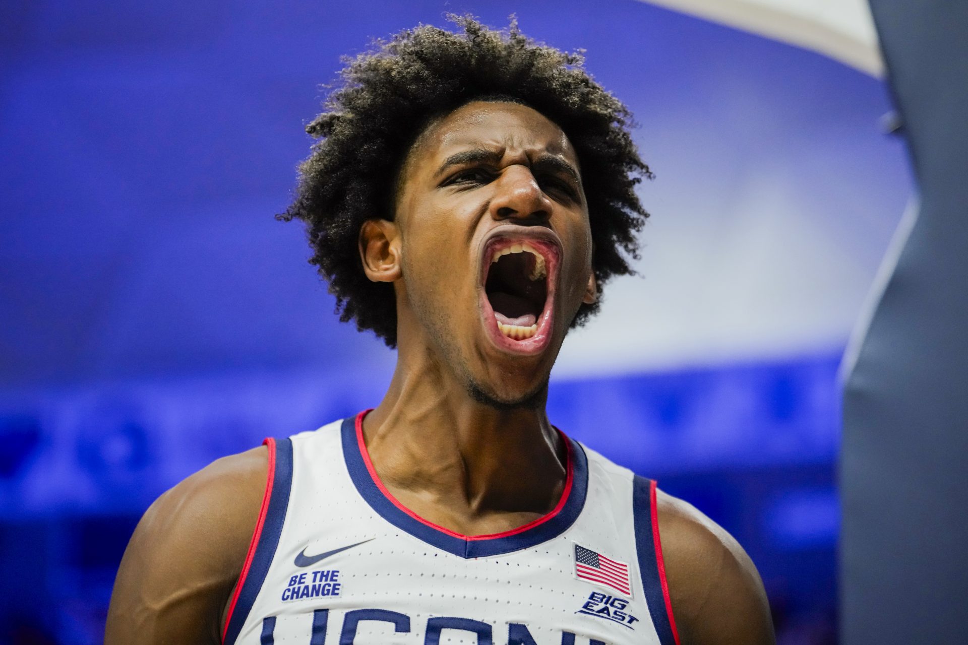 STORRS, CONNECTICUT - NOVEMBER 19: Tarris Reed Jr. #5 of the Connecticut Huskies reacts after scoring against the East Texas A&M Lions during the first half of an NCAA basketball game at the Harry A. Gampel Pavilion on November 19, 2024 in Storrs, Connecticut. The Huskies defeated the Lions 81-46. (Photo by Joe Buglewicz/Getty Images)