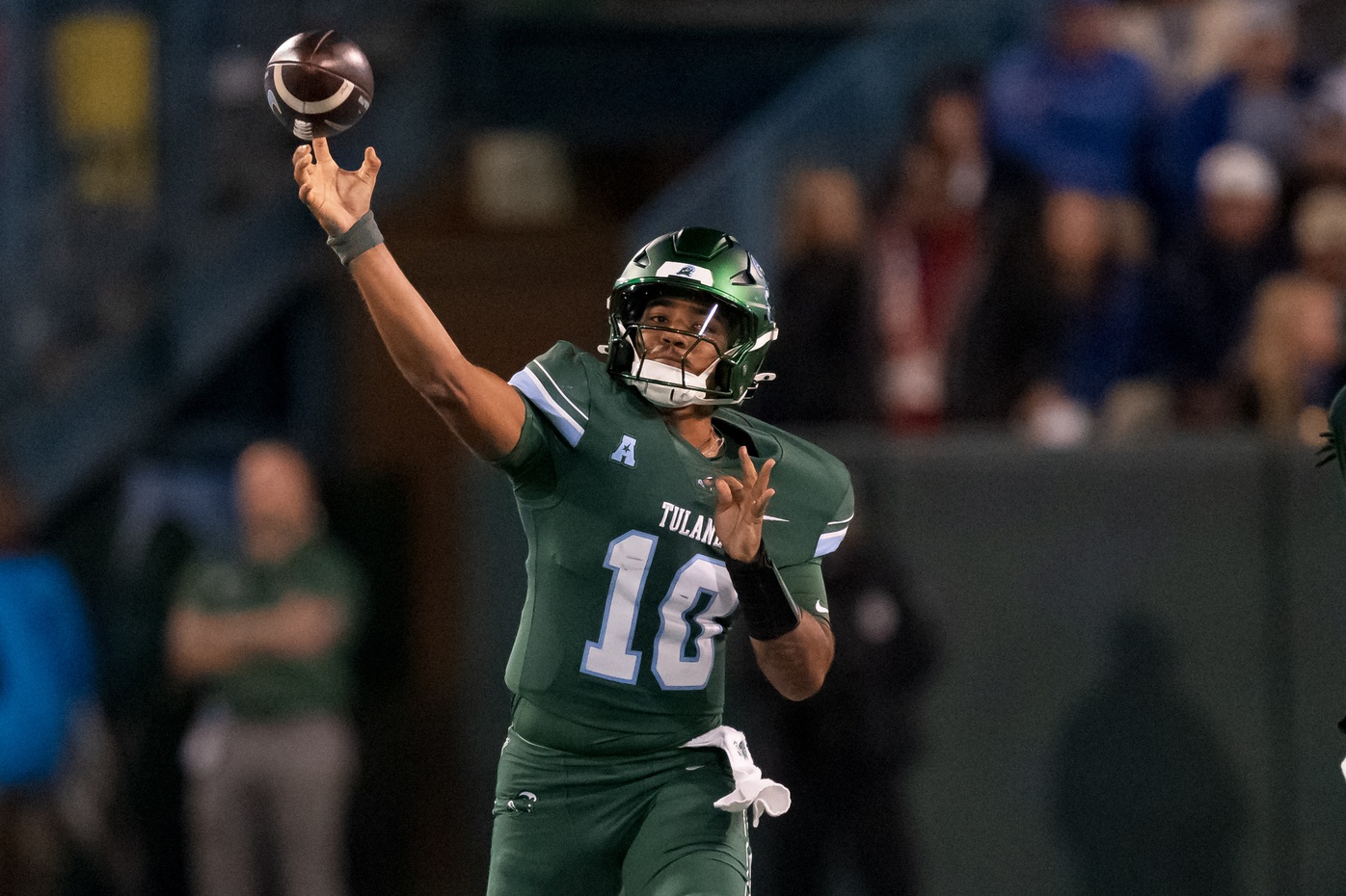 Tulane Green Wave quarterback Darian Mensah (10) throws against the Memphis Tigers during the first quarter at Yulman Stadium.