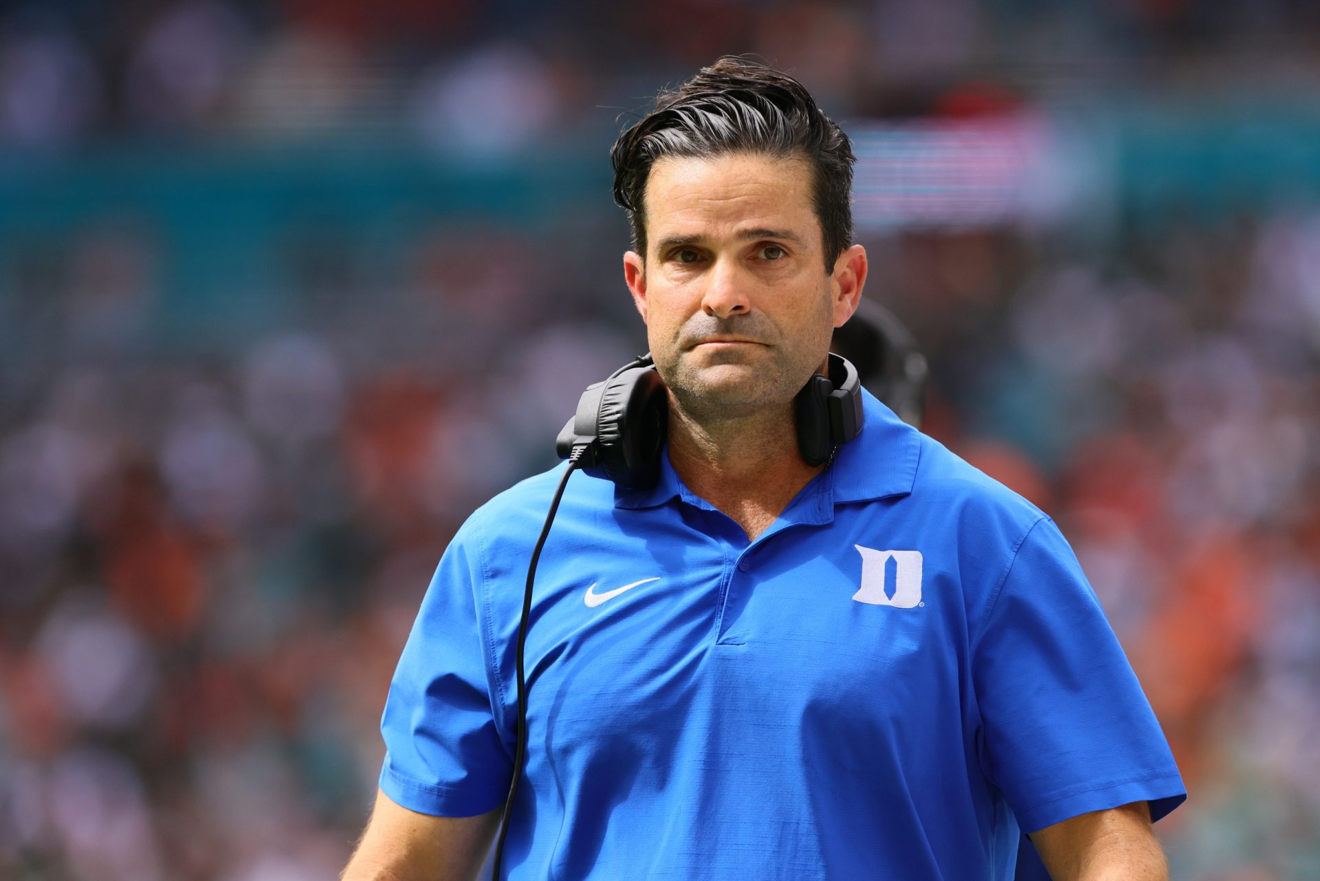 Duke Blue Devils head coach Manny Diaz watches from the sideline against the Miami Hurricanes during the second quarter at Hard Rock Stadium.
