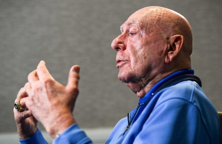 Dick Vitale, ESPN college basketball commentator, talks during an interview in Clemson, S.C. before the game between top ACC teams Clemson and Duke Friday, February 7, 2025.