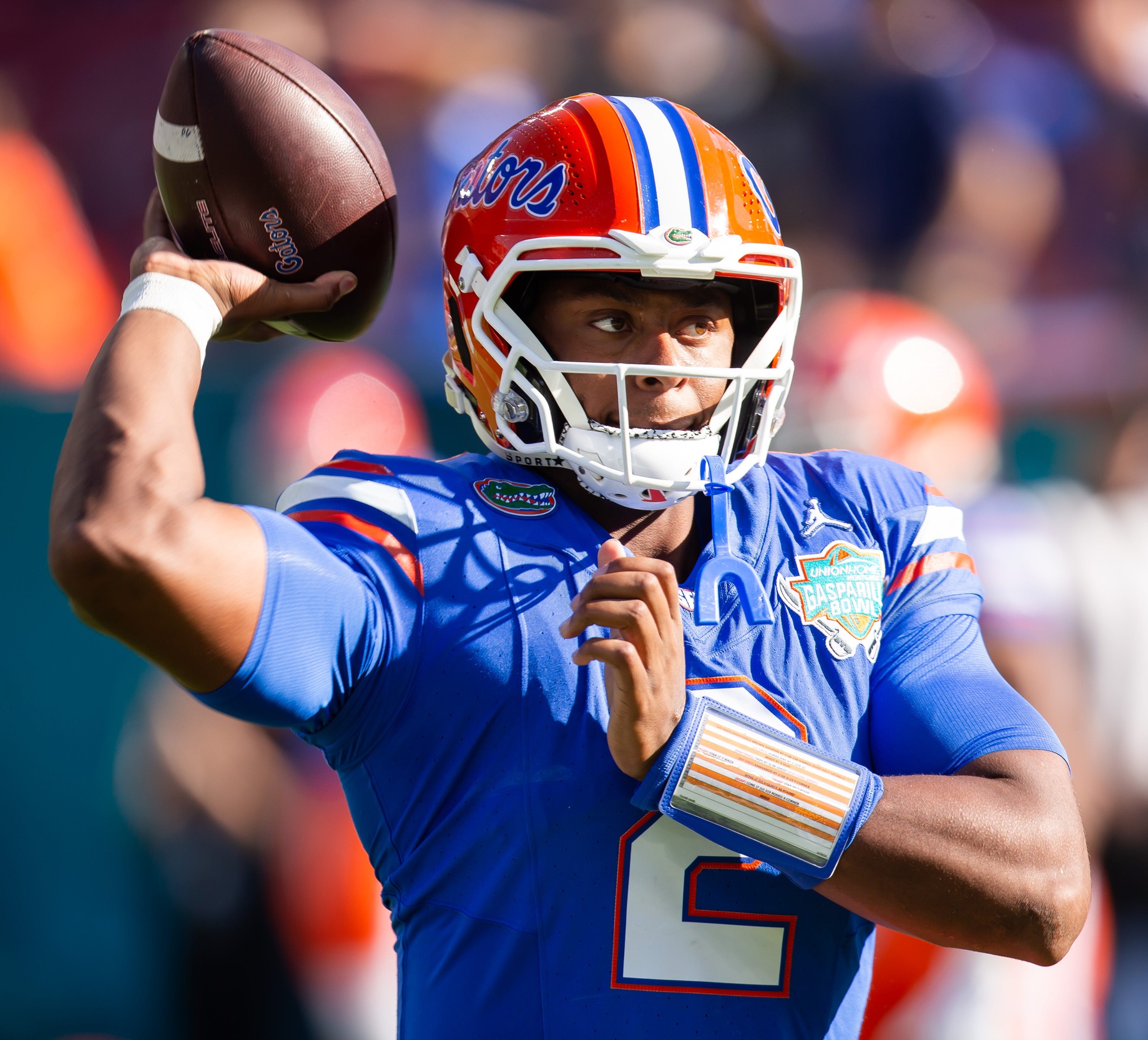 Florida Gators quarterback DJ Lagway (2) passes during warmups at Raymond James Stadium in Tampa, FL on Friday, December 20, 2024 in the 2024 Union Home Mortgage Gasparilla Bowl. [Doug Engle/Gainesville Sun]