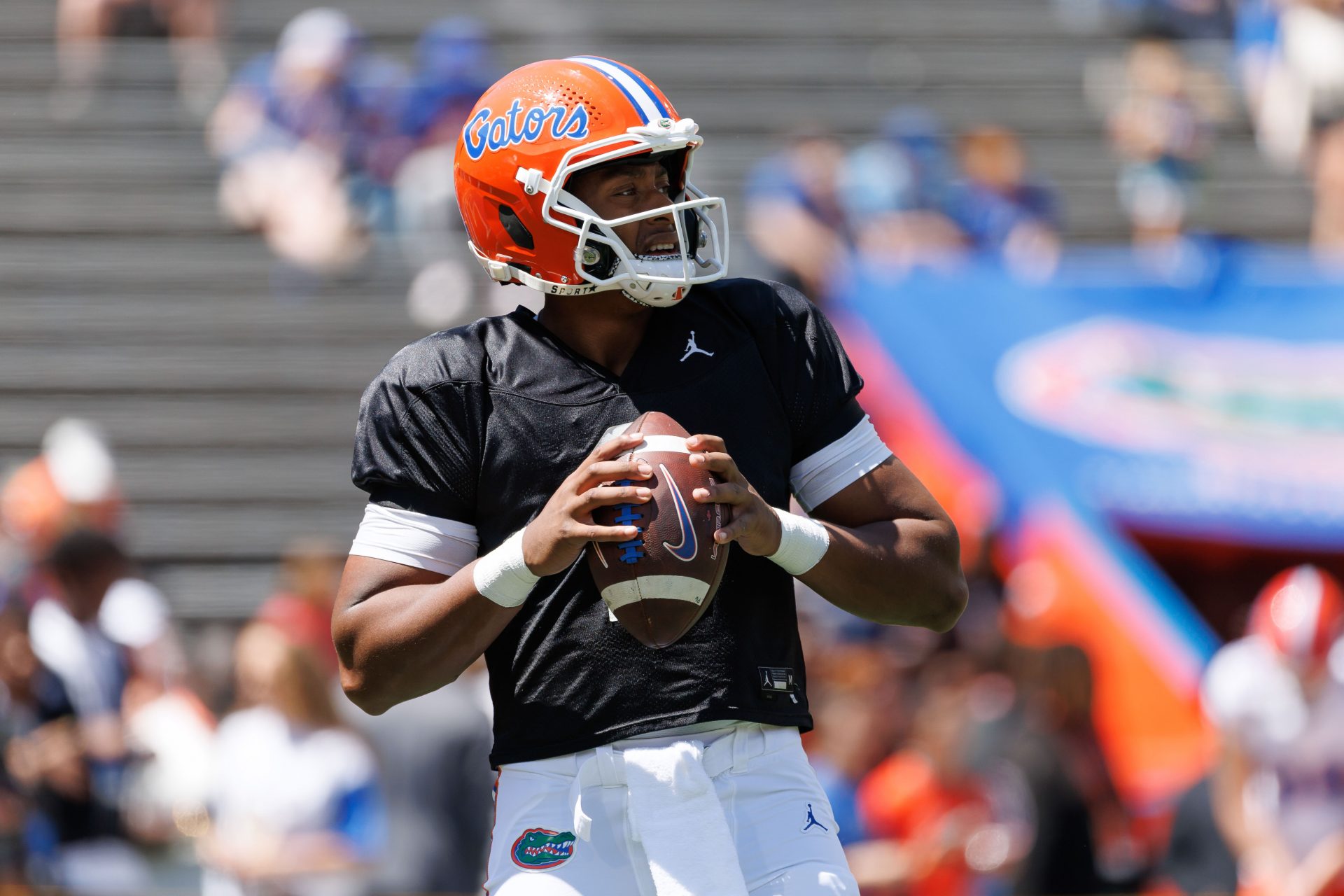 Florida Gators quarterback DJ Lagway (2) looks to throw before the game at Ben Hill Griffin Stadium.