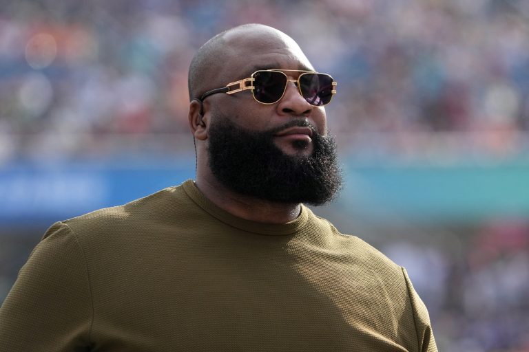 Marcus Spears on the ESPN postseason countdown set during the 2025 Pro Bowl Games at Camping World Stadium.