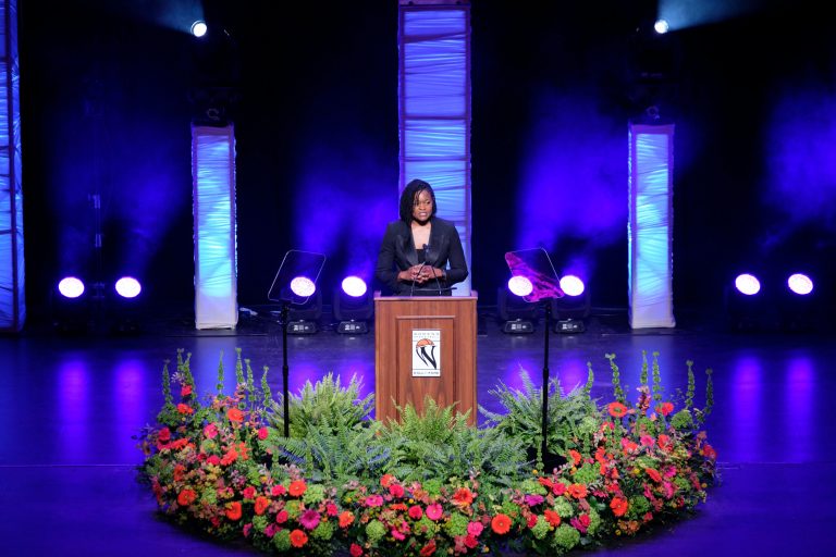 Women's Basketball Hall of Fame Inductee, Alana Beard, gives her remarks during the 2025 Women’s Basketball Hall of Fame Induction Ceremony at the Tennessee Theatre, June 14, 2025, in Knoxville, Tenn. (Shawn Millsaps/Special to News Sentinel)