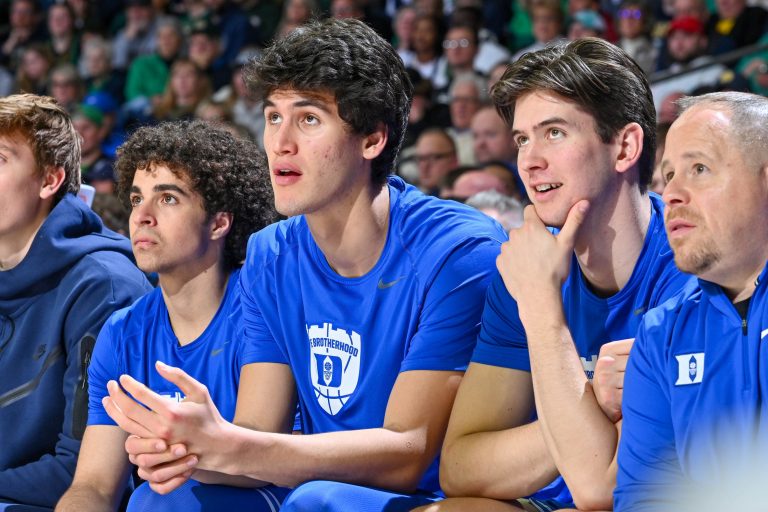 Duke Blue Devils center Stanley Borden (52) watches from the bench in the first half against the Notre Dame Fighting Irish at the Purcell Pavilion.