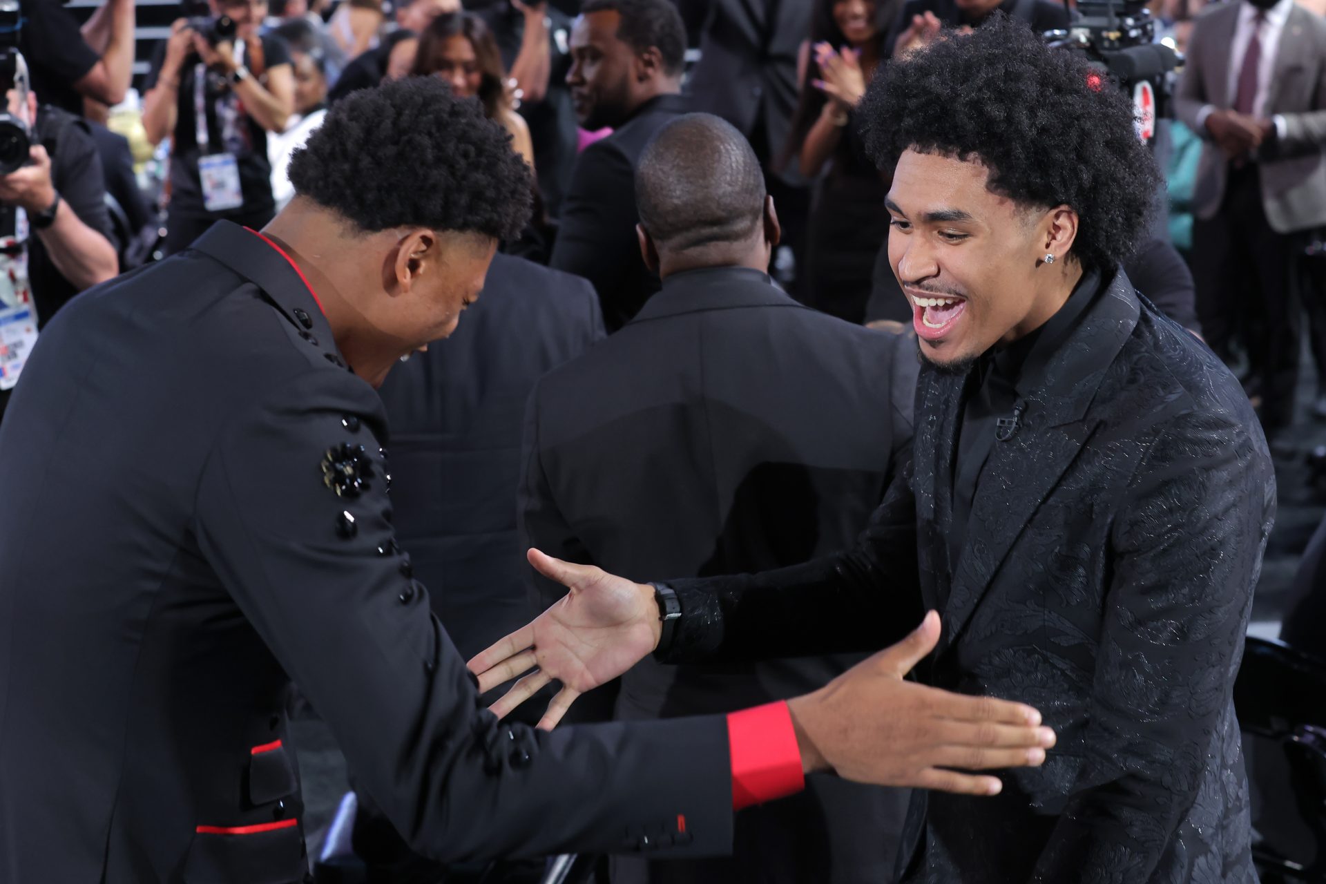 Dylan Harper celebrates with Ace Bailey after being selected as the second pick by the San Antonio Spurs in the first round of the 2025 NBA Draft at Barclays Center.