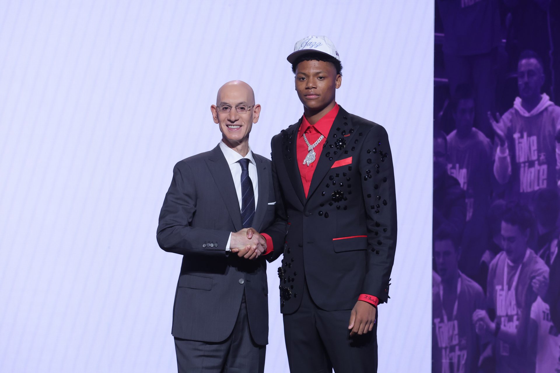 Ace Bailey stands with NBA commissioner Adam Silver after being selected as the fifth pick by the Utah Jazz in the first round of the 2025 NBA Draft at Barclays Center.