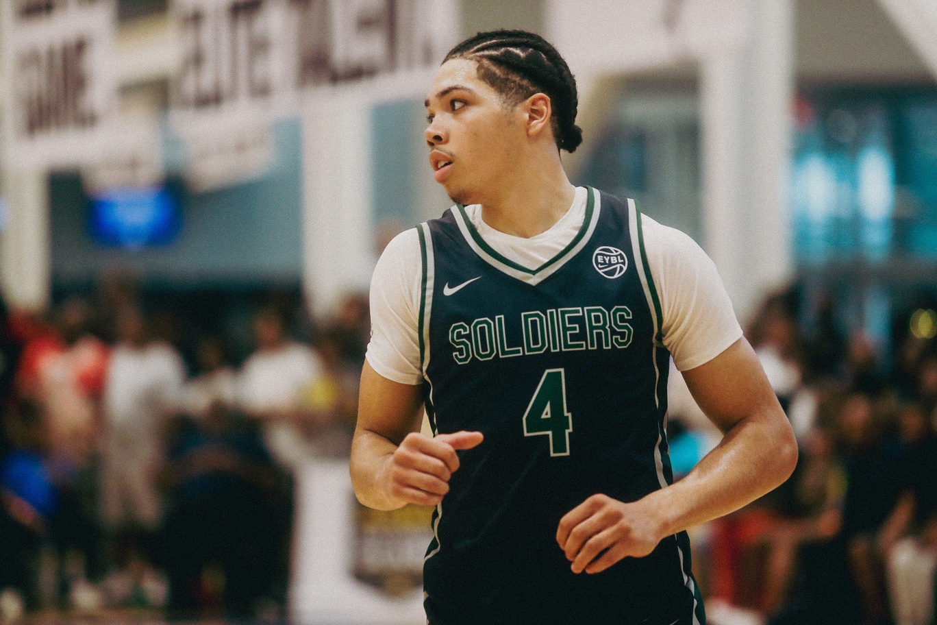 Team Oak Soldiers’ Tyron Stokes (4) runs back on offense during a game against Team Thad during the Nike Elite Youth Basketball League session one on Saturday, April 27, 2024 at the Memphis Sports & Event Center in Memphis, Tenn.