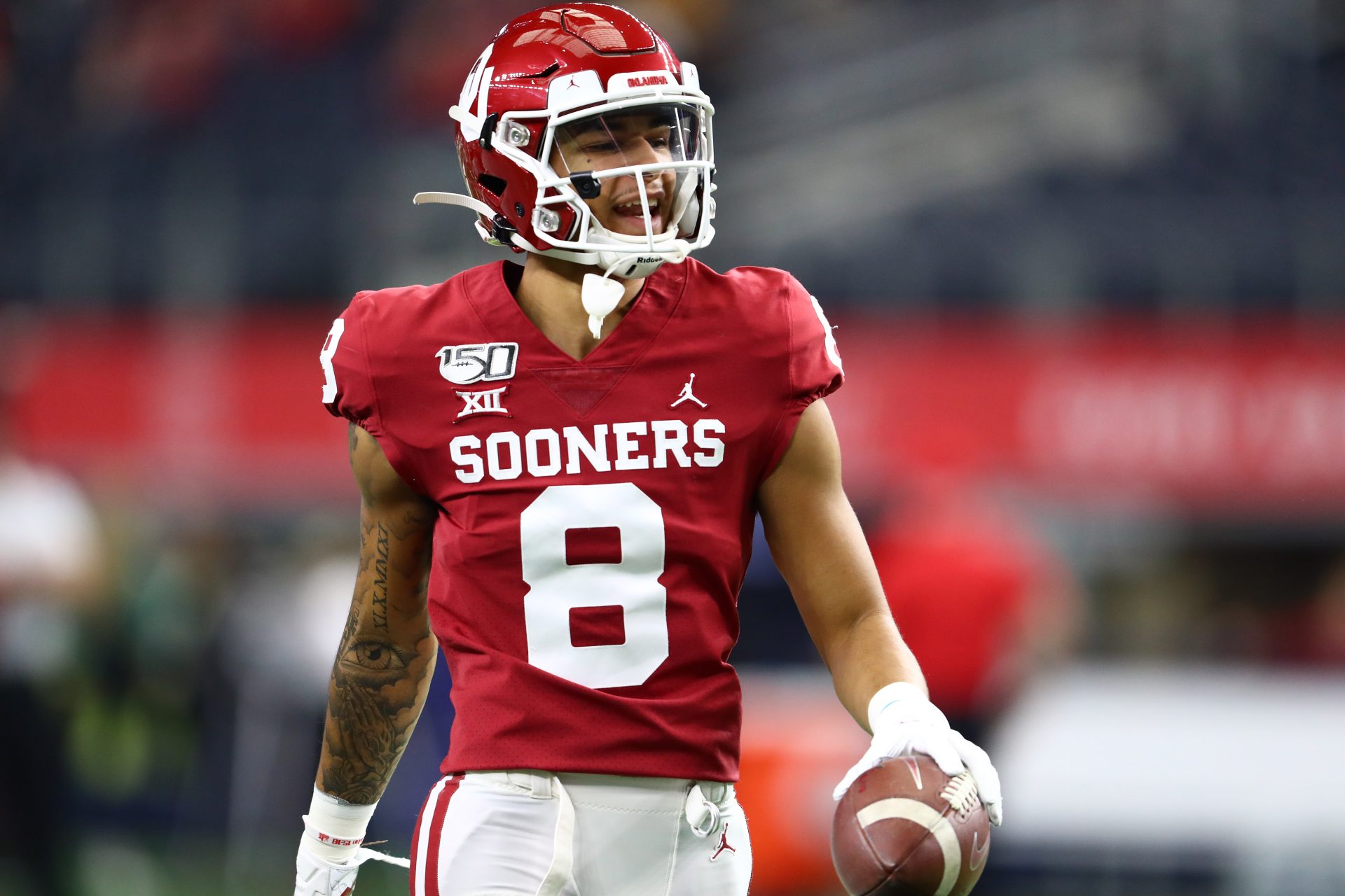 Oklahoma Sooner receiver Trejan Bridges (8) prior to the game against the Baylor Bears in the 2019 Big 12 Championship Game at AT&T Stadium.